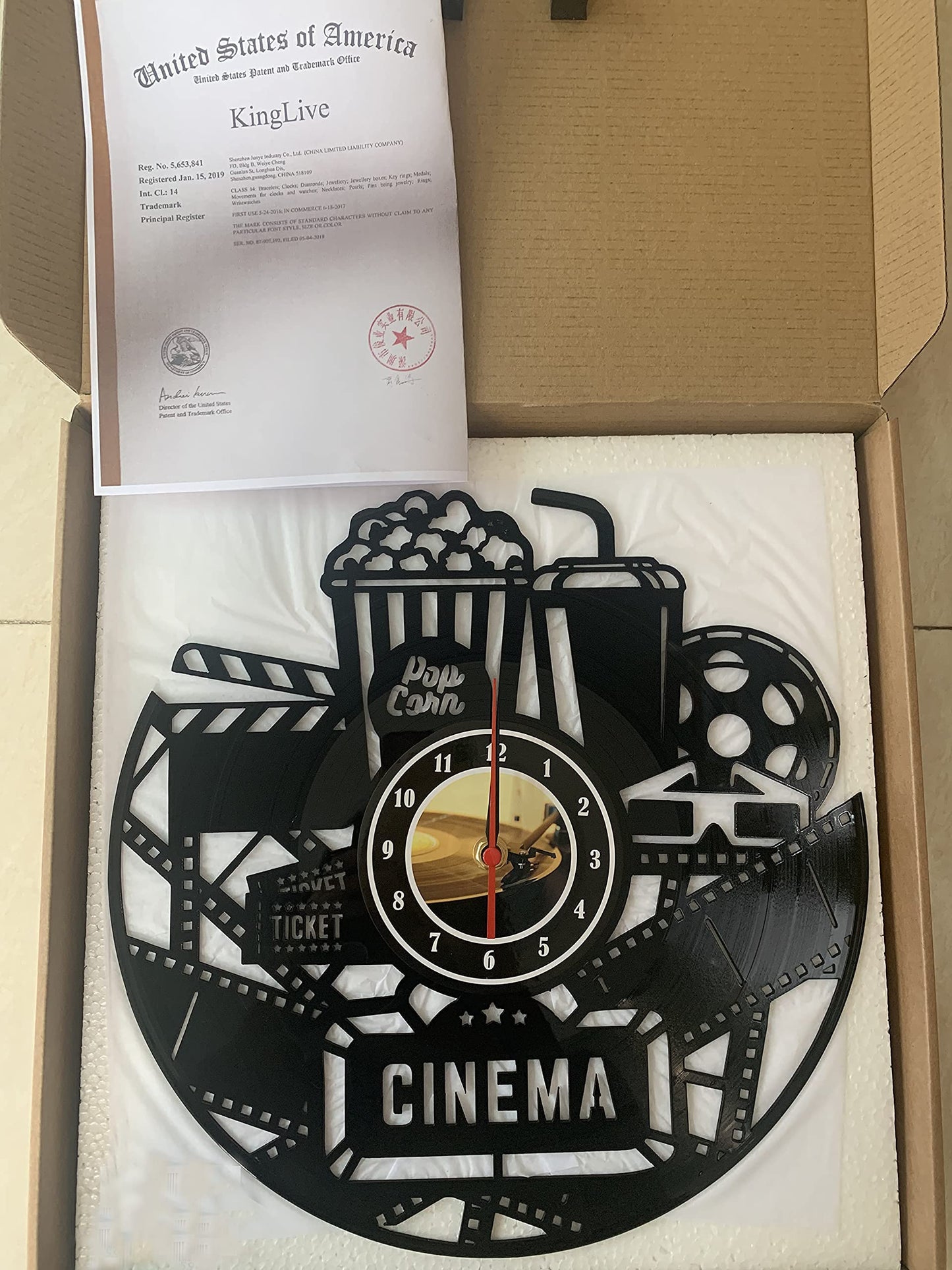 Home Theater Cinema and Popcorn Vinyl Record Wall Clock Movie Film Time Clock Watch Room Wall Home Theater Wall Decor Wall Art Gift for Movie Lover (NO LED)