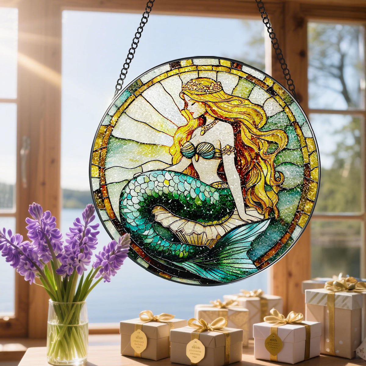 Stained Glass Window Hanging, 8 Inch Mermaid Suncatcher Stained Glass Ornament, Suncatchers for Windows Hanging, Sun Catchers Indoor Window, Mermaid Gifts, Gifts for Friends, Housewarming Gift