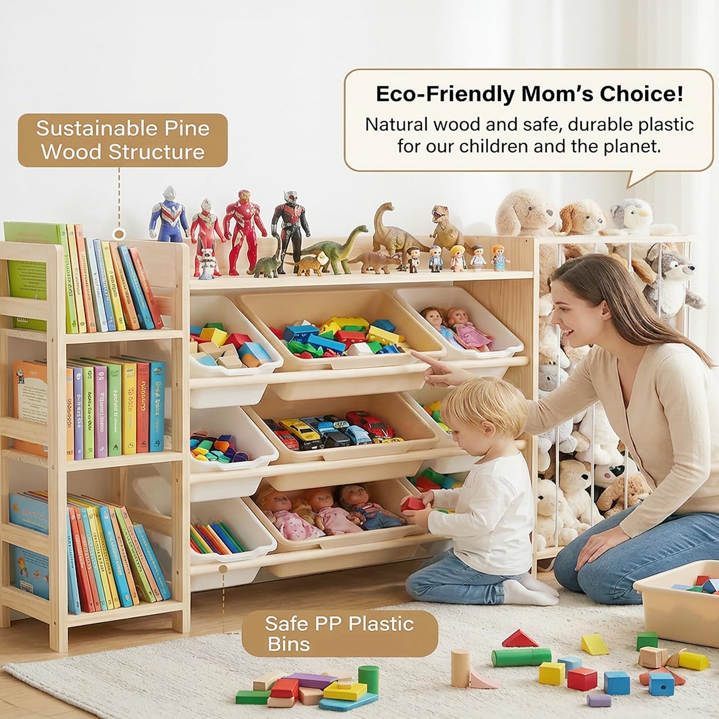 Amdermi Kids Toy Storage Organizer with Bookcase and Stuffed Animal Zoo, 4-in-1 Wooden Multi Bin Toy Shelf for Toddlers, Playroom, Bedroom, Nursery