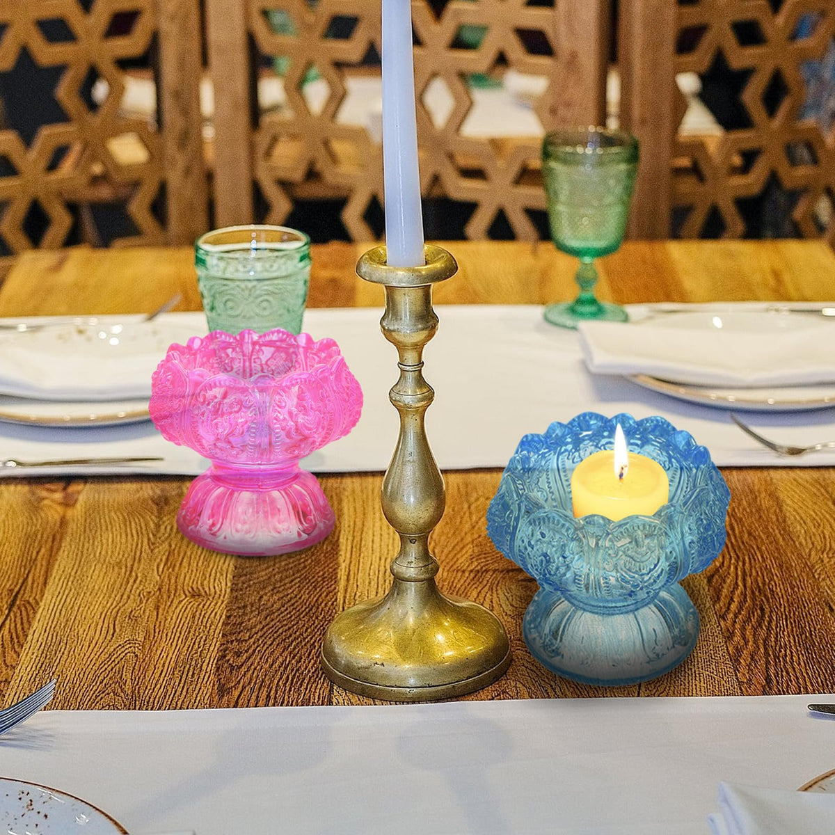 POPETPOP Butter Lamp Candleholder Set, 3pcs Small Blue Red Pink Glass Crystal High Base Candle Holders for Buddhist Rituals and Home Décor Desktop Adornment