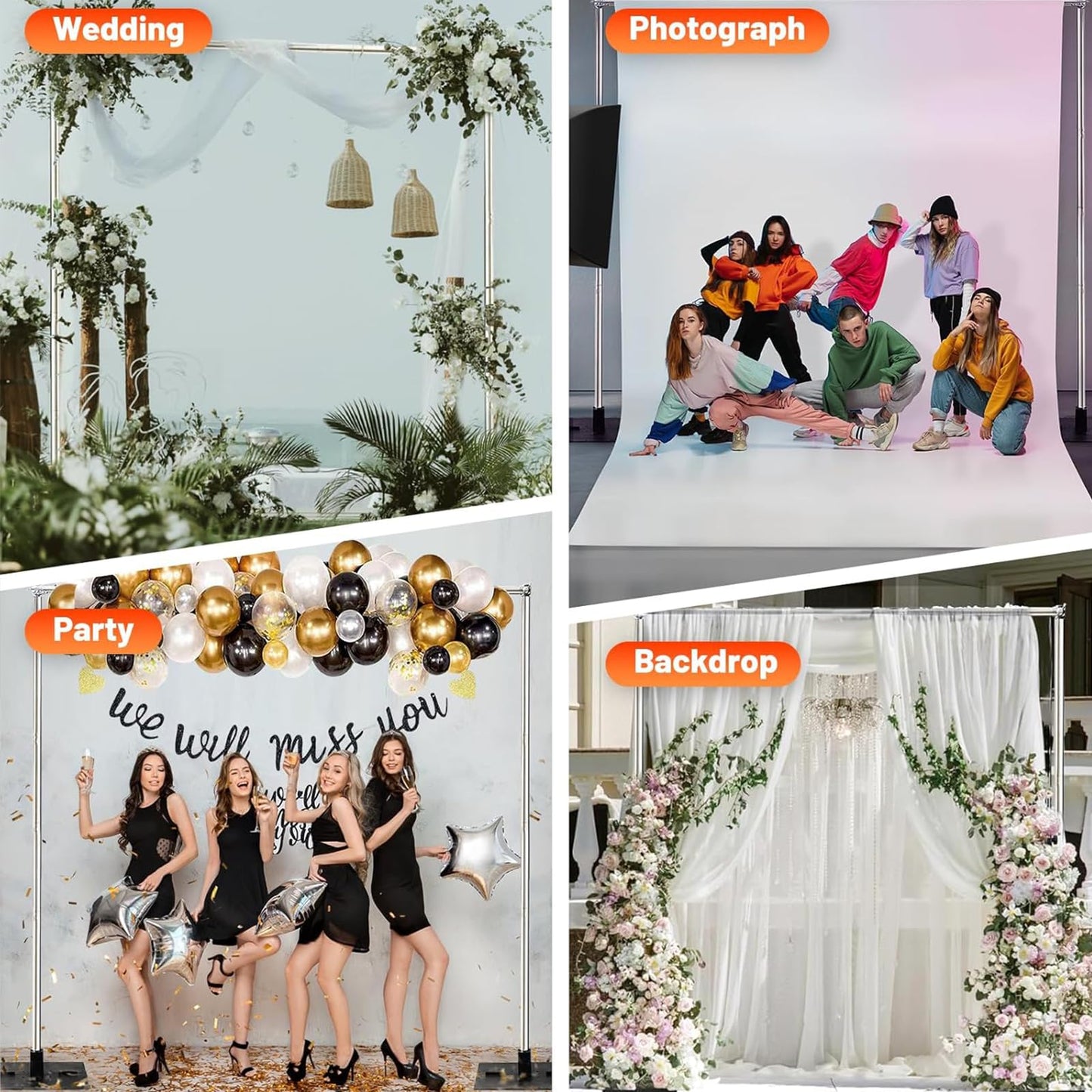 Heavy Duty Pipe and Drape Frame Kit 10x10ft Adjustable Height/Width Photography Background Support Poles All-Metal Construction Backdrop Stand for Party, Birthday, Wedding - Silver
