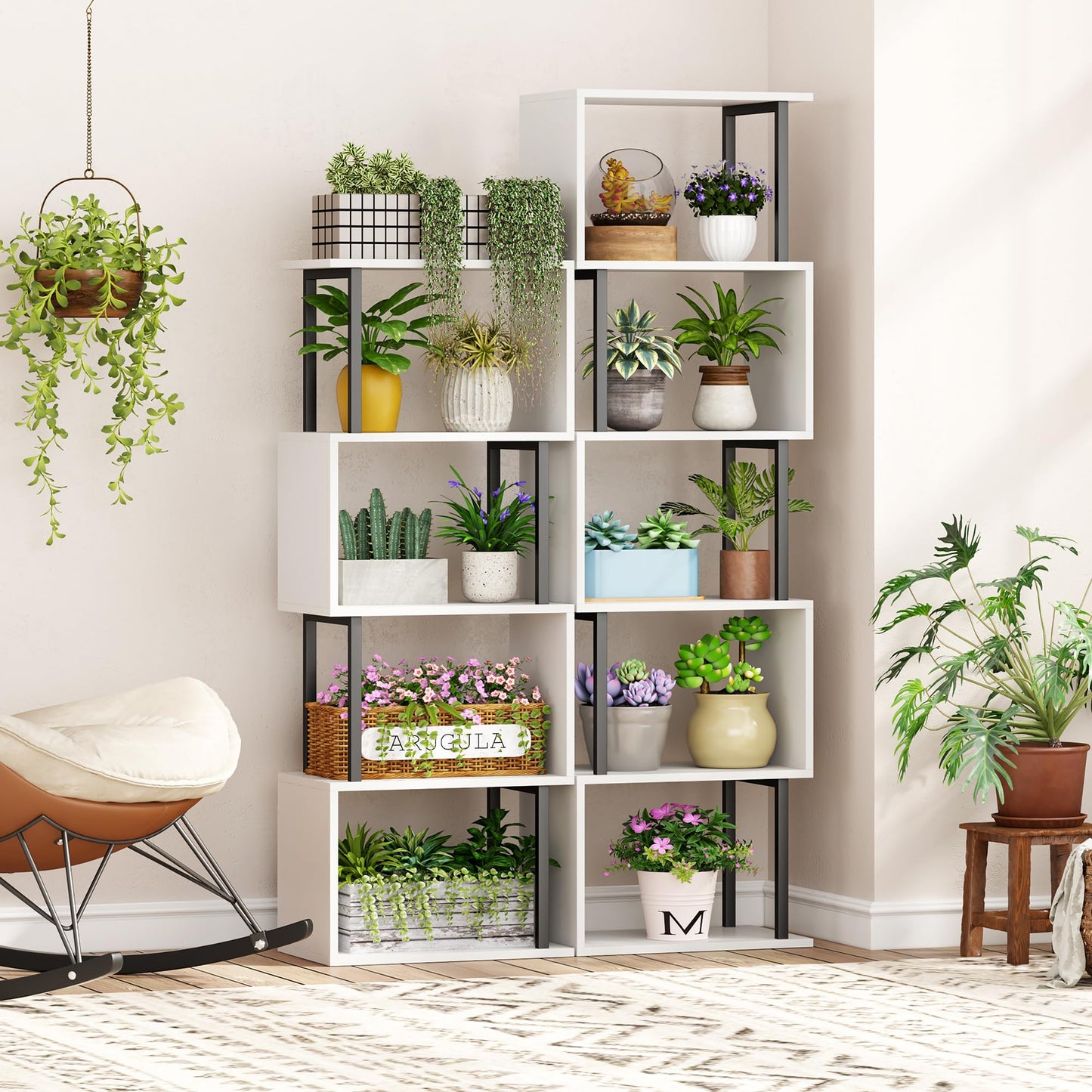 Yusong Bookshelf 5-Tier, Geometric Bookcase S Shaped Book Shelves for Bedroom, Modern Wood Decorative Display Shelf Book Case for Home Office, White and Black
