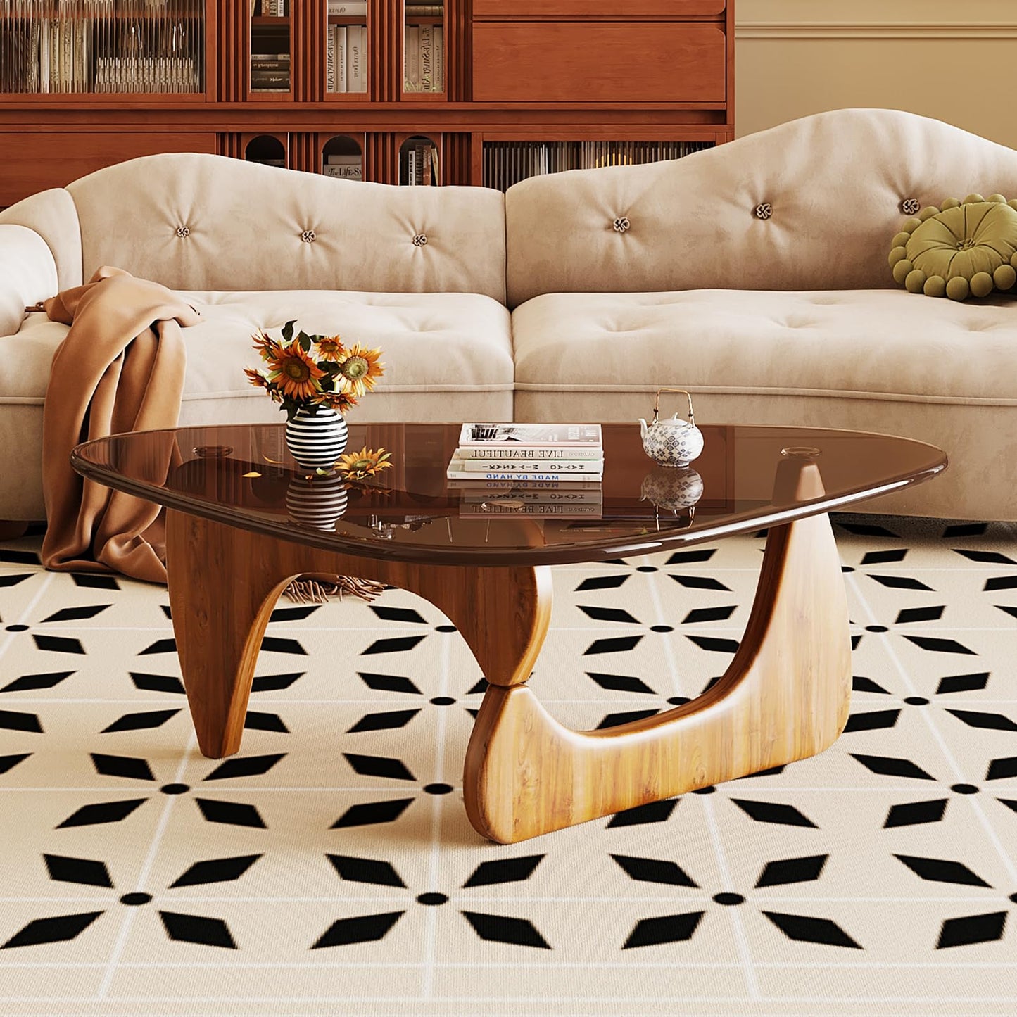 JCAJCA Coffee Table for Living Room Mid Century Modern Center Table with Glass Top and Wood, 36 Inch, Brown/Walnut