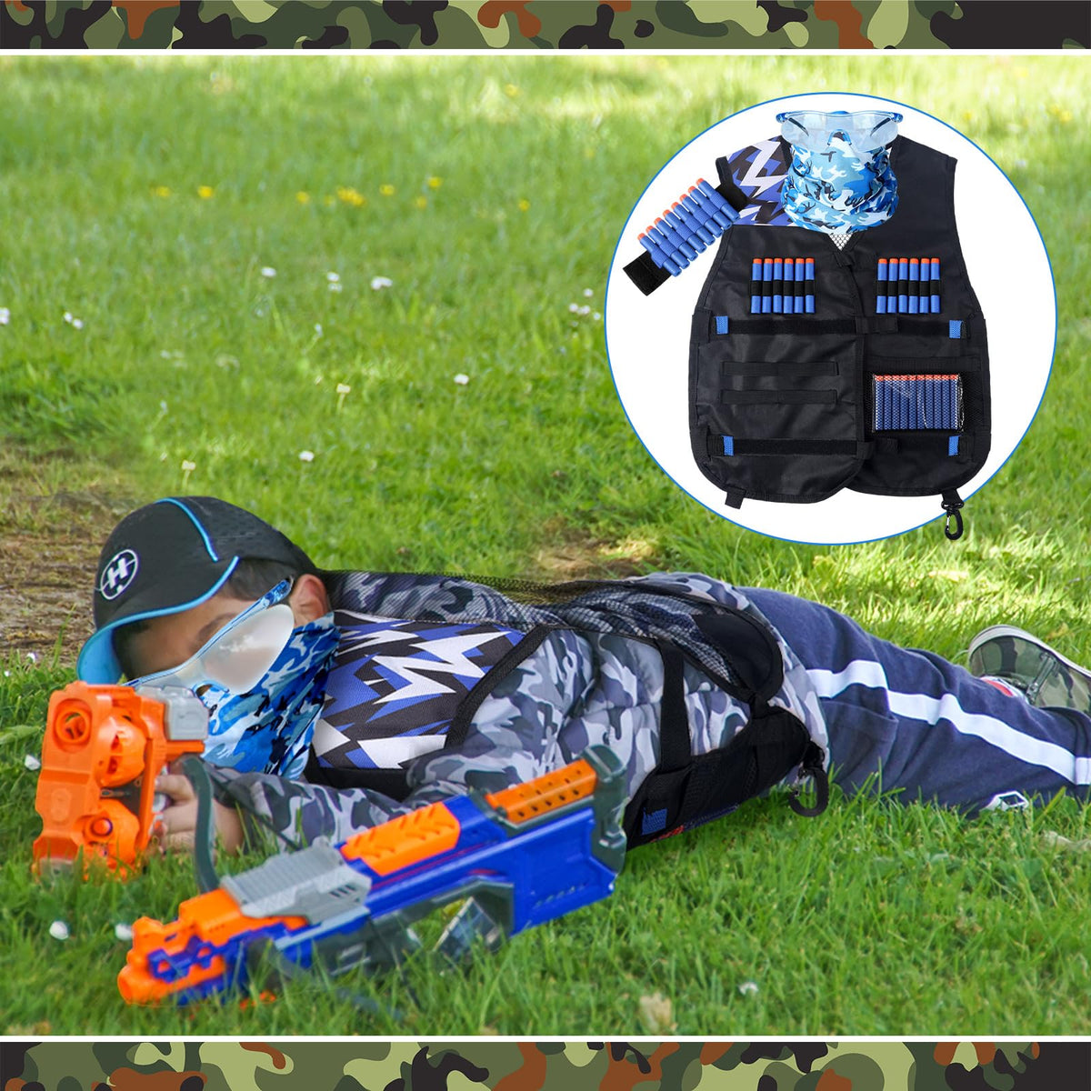 Sosation 8 Sets Kids Tactical Vest Compatible with Nerf Party Favor Accessories, Face Mask Wrist Ammo Holder Toy Gift Supplies Boys (Green and Blue)