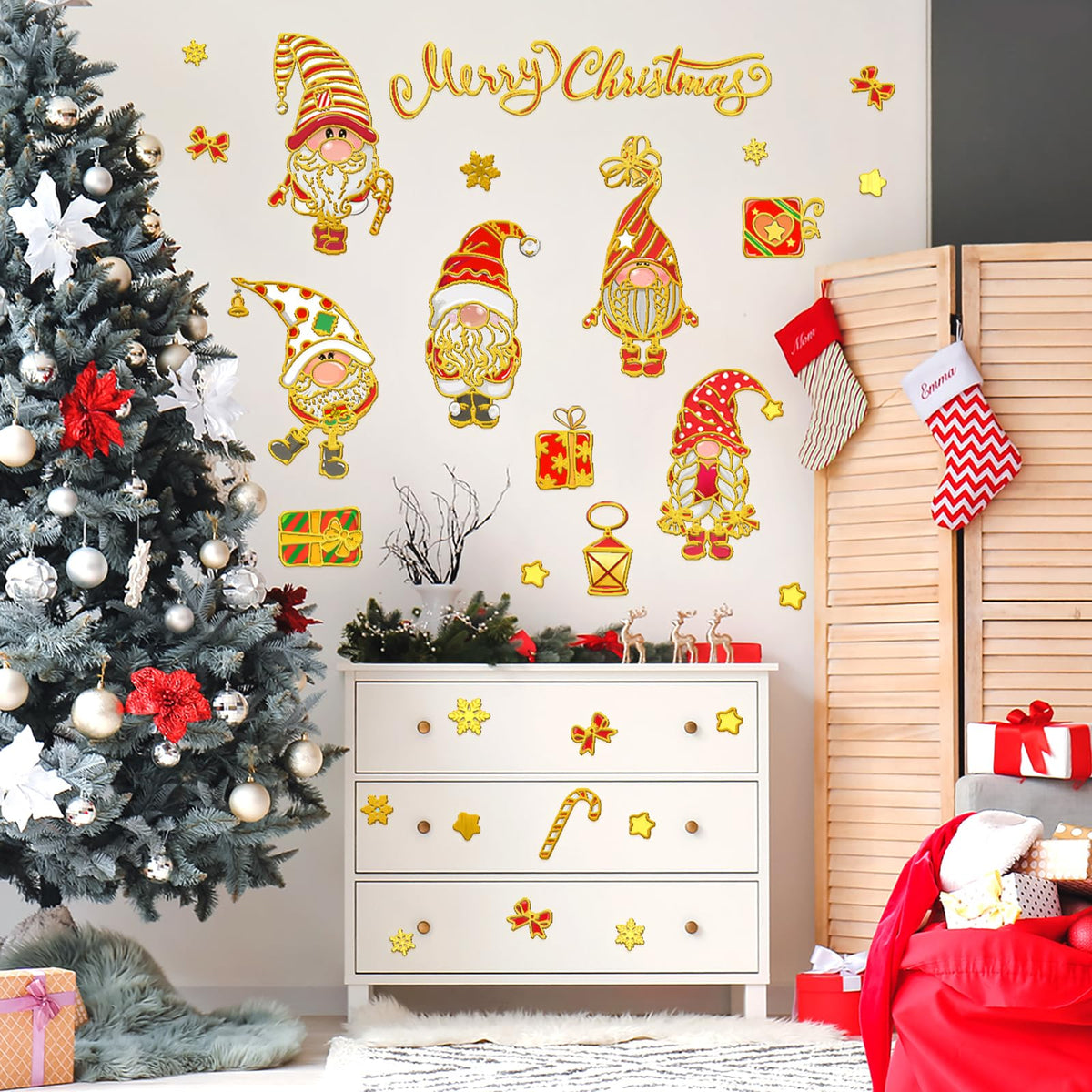 Wrdpyrmnis Christmas Gnome Wall Stickers Xmas Window Sticker Peel and Stick Wall & Window Decals for Xmas Festival Decor Kids Room Living Room Classroom Christmas Decoration (1 Sheet)