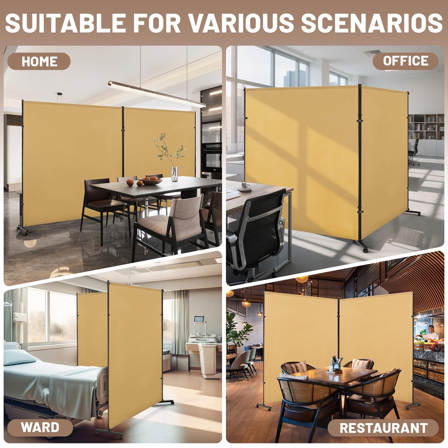 VAMFUTRE 2 Panels Room Divider/Privacy Screen with Caster Wheels and Brakes - Stylish and Versatile Partition for Home,Office,School and Restauran (Bright Yellow, 12FT*6FT)