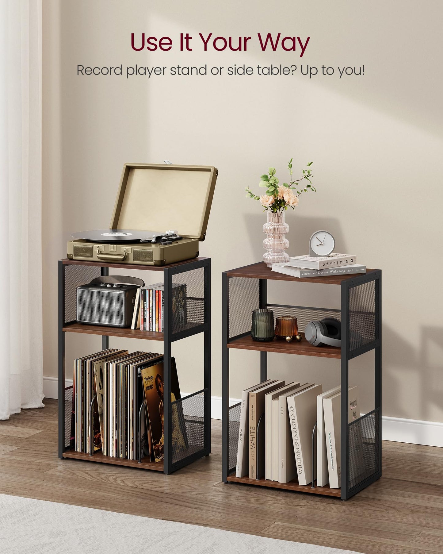 VASAGLE Record Player Stand, 3-Tier Side Table, Vinyl Record Storage up to 100 Albums, End Table for Living Room, Bedroom, Natural Walnut ULET275K02