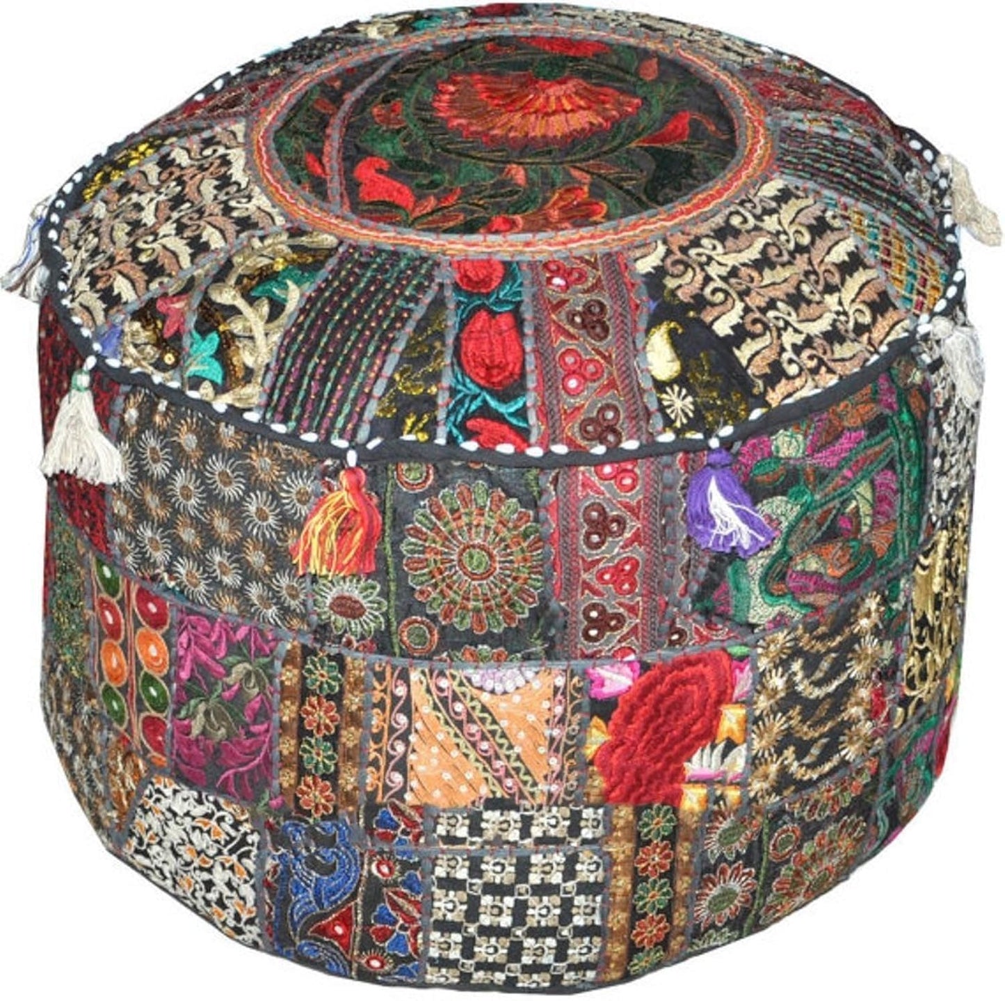 Sophia-Art Traditional India Indian Patchwork Pouf Cover Indian Living Room Pouf, Decorative Ottoman,Embroidered Designer Ottoman, Home Living Footstool Chair Cover, 14X22 Inch.