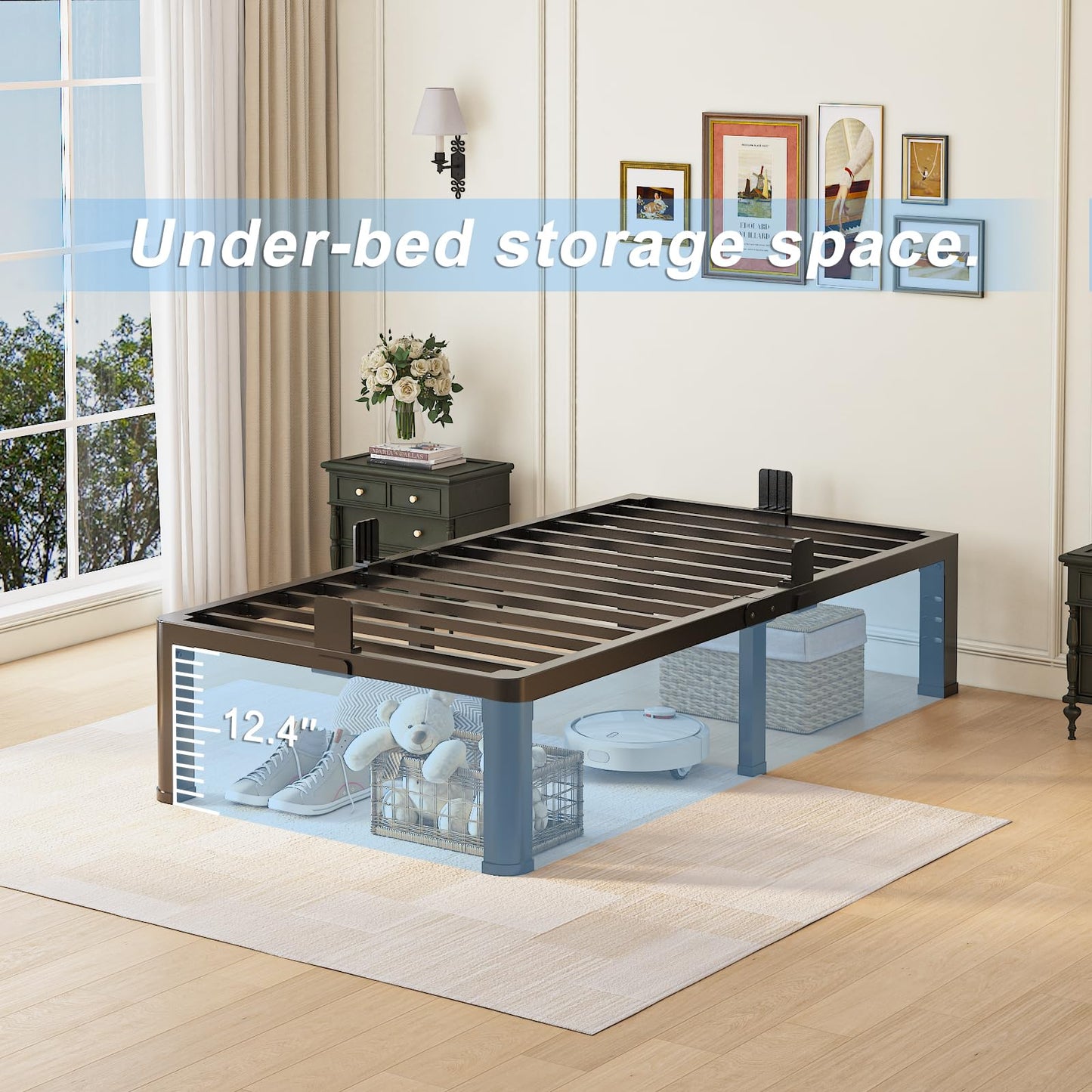 Yitong Angel 14 inch Twin Bed Frame with Rounded Corner Legs and Headboard Hole Mattress Slide Stopper 3500 LBS Heavy Duty Support Metal Platform,No Box Spring Needed, Noise Free, Easy Assembly