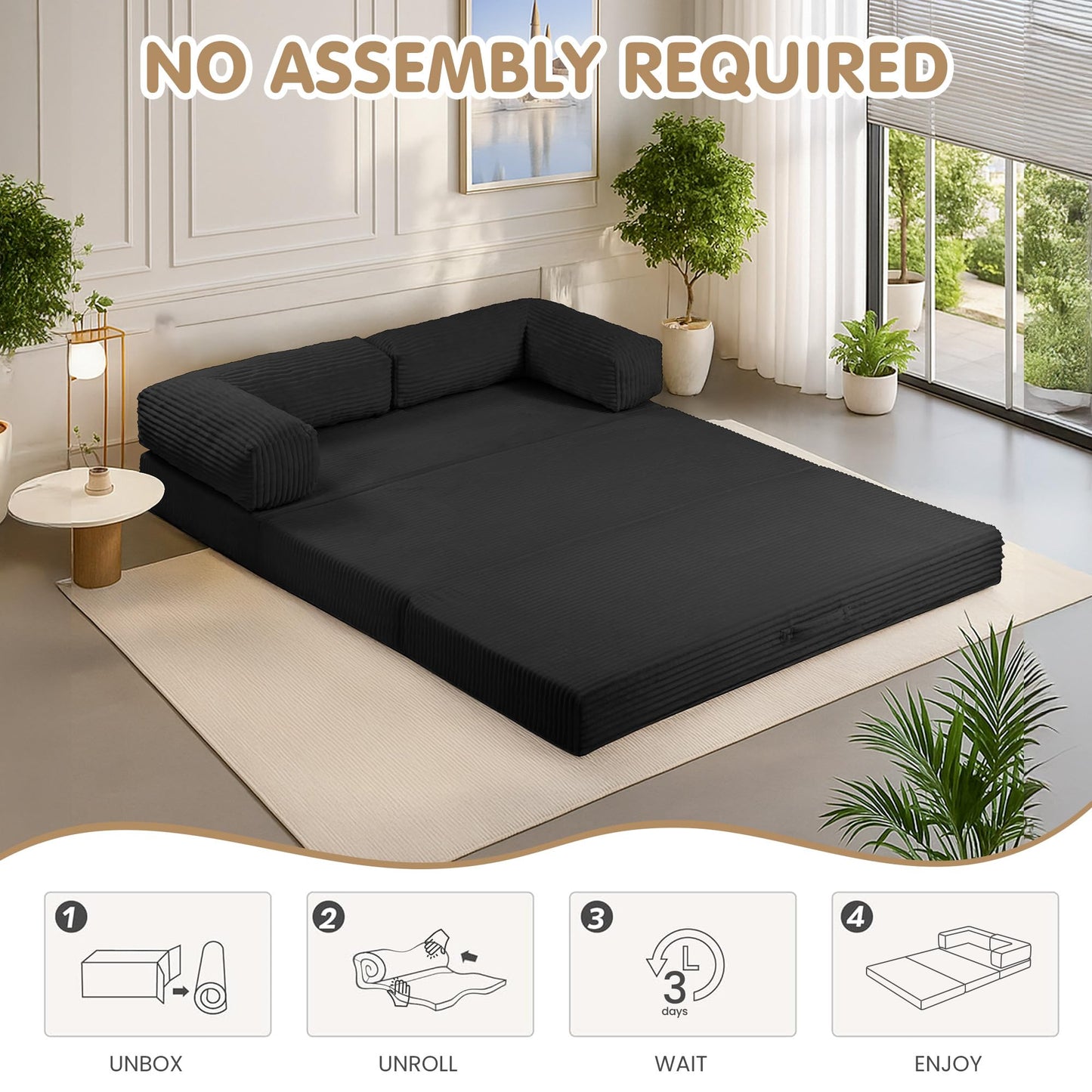 5-in-1 Convertible Sofa Bed,54" Boneless Couch Tri Folding Floor Mattress with Removable L-Shaped Armrests & Handle,Corduroy Futon Couch Sleeper with Pull Out Bed for Living Room Bedroom Apartment