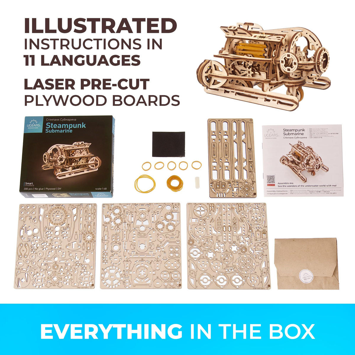 UGEARS 3D Wooden Puzzles for Adults - Steampunk Submarine Wooden Model Kit – Mechanical Puzzle Model Building Kits - DIY Kits for Adults for Maritime Enthusiasts Gifts for Puzzle Lovers - 200 Pcs