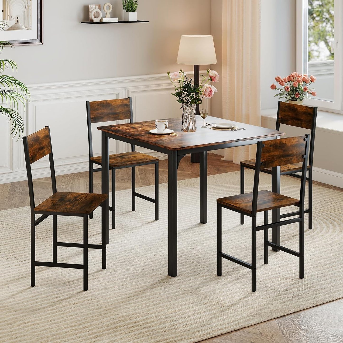 COSTWAY Dining Chairs Set of 4, Rustic Wood & Metal Frame Industrial Farmhouse Armless Side Chairs with Wide Comfy Seat & Slanted High Back for Dining Room, Kitchen, Home, Restaurant