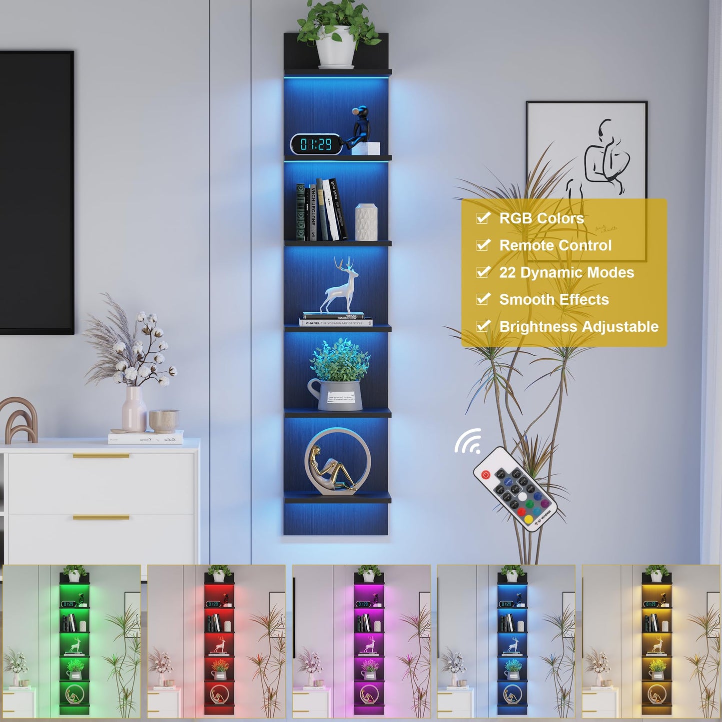Qupui 6 Tier Wall Shelf Unit with LED Remote Control Light, 57 Inch Floating Storage Home Decor Organizer Shelving for Bedroom Living Room, Black