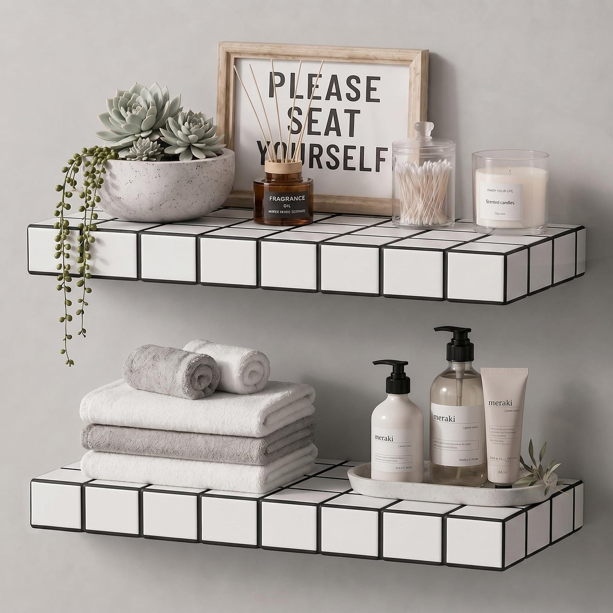 ZttRiee Floating Shelves, Set of 2, 15.7" W, White Frame Black Lines