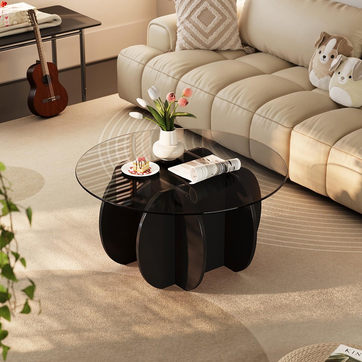 JCAJCA Coffee Table for Living Room Mid Century Modern Round Center Table with Glass Top, Black