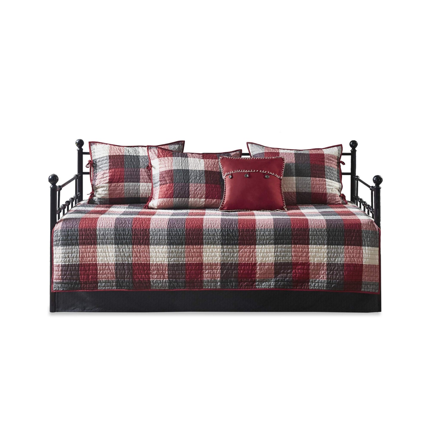 Madison Park Daybed Cover Double Sided Quilting Casual Design All Season Bedding Set with Bedskirt, Matching Shams, Decorative Pillow, 75 in x 39 in, Ridge, Plaid Red