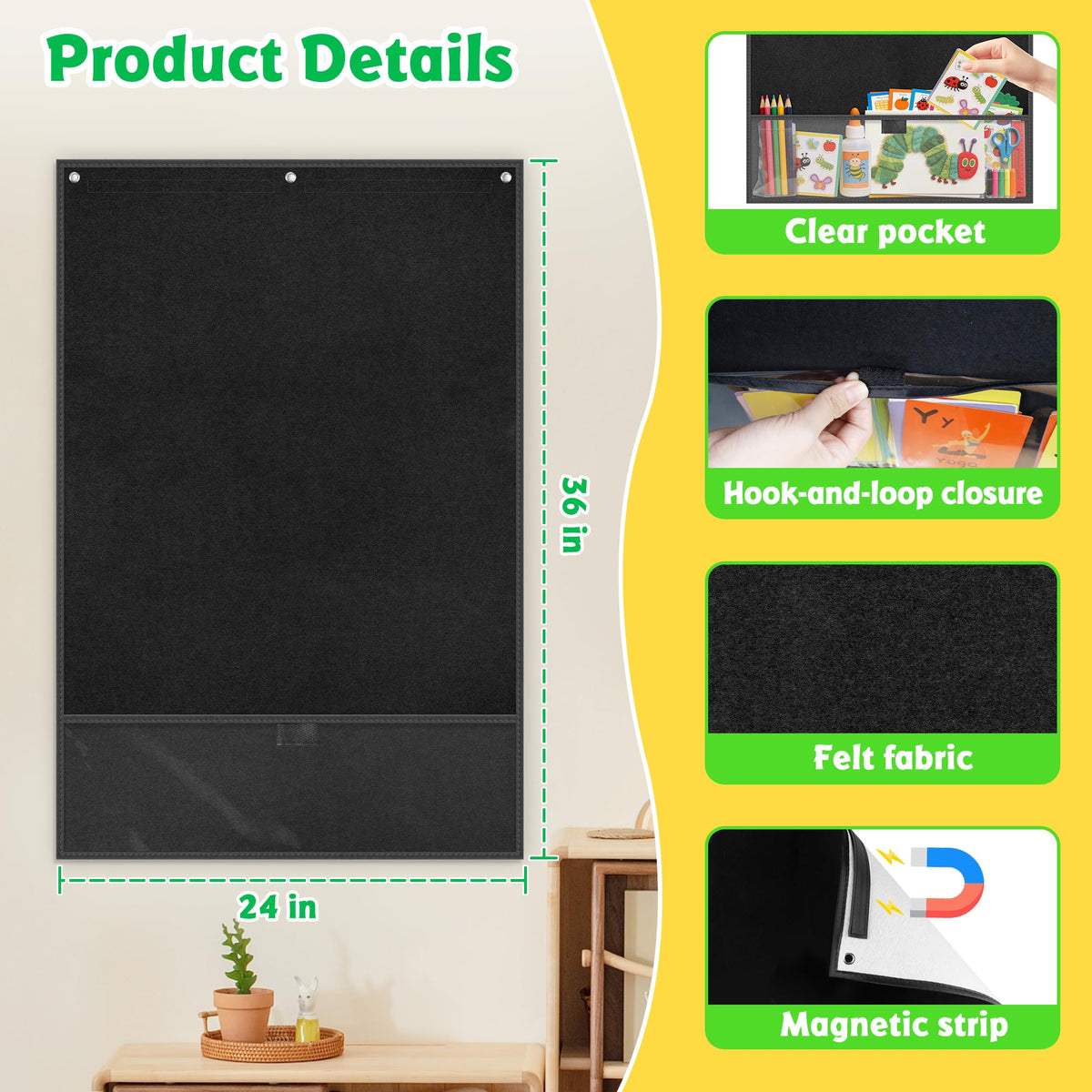 AKAYOK 24"x36" Felt Board for Classroom & Home - Flannel Story Board with Magnets, Transparent Pocket & 30 Self Adhesive Dots | Interactive Learning, Visual Schedule, Storytelling for Teachers & Kid