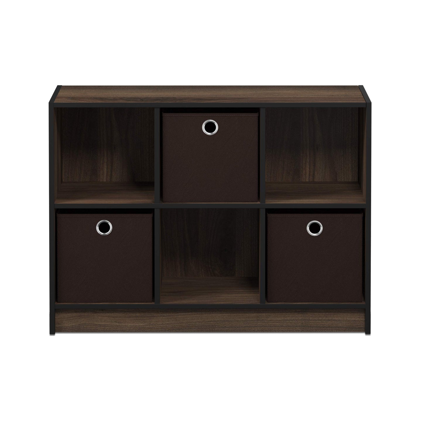 Furinno BASIC Book Shelf, 6-Cube Bookshelf with Open Shelf, 3 x 2 Bookcase with Storage Bins, Closed Back, Horizontal, 11.9 x 31.6 x 23.6, for Living Room, Bedroom, Home Office, Columbia Walnut
