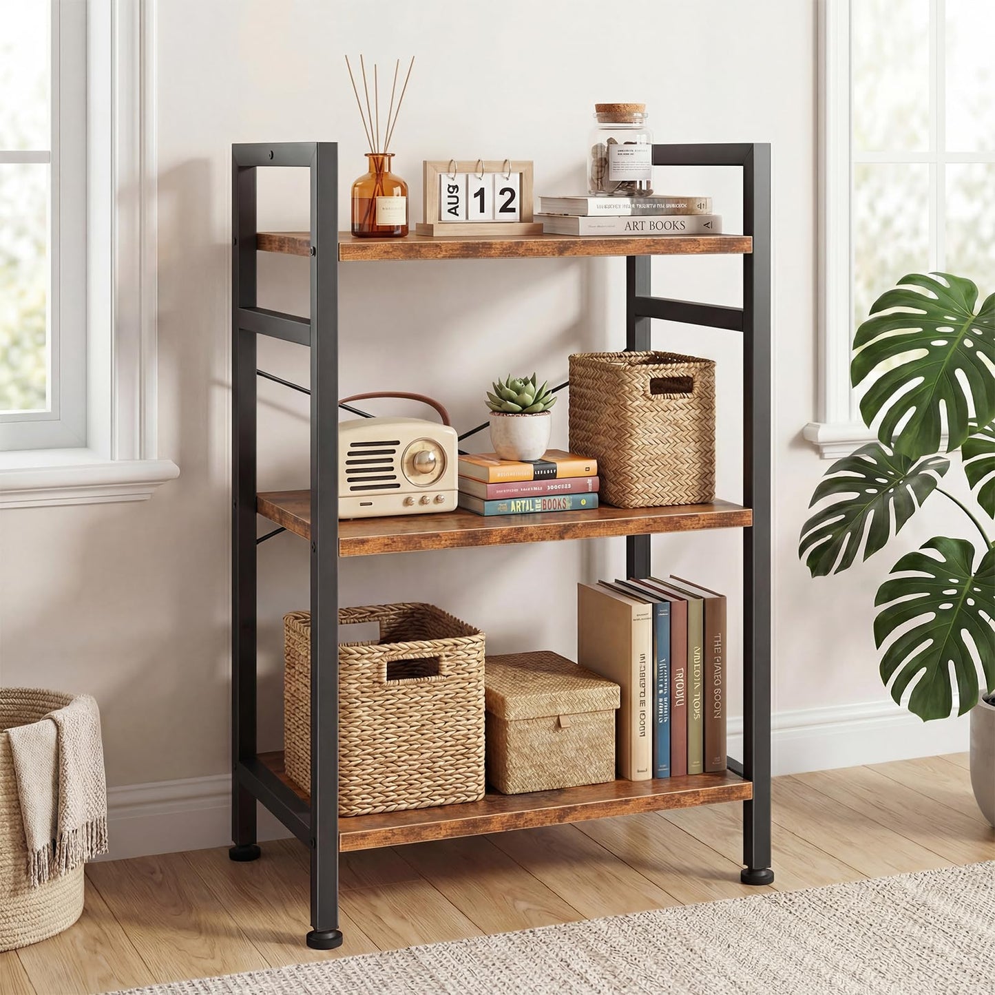DUMOS 3 Tiers Open Bookshelf, Classic Freestanding Tall Display Shelf, Multifunctional Storage Organizer Rack for Living Room Home Office, Sturdy Bookcase for CDs/Books/Movies, Brown