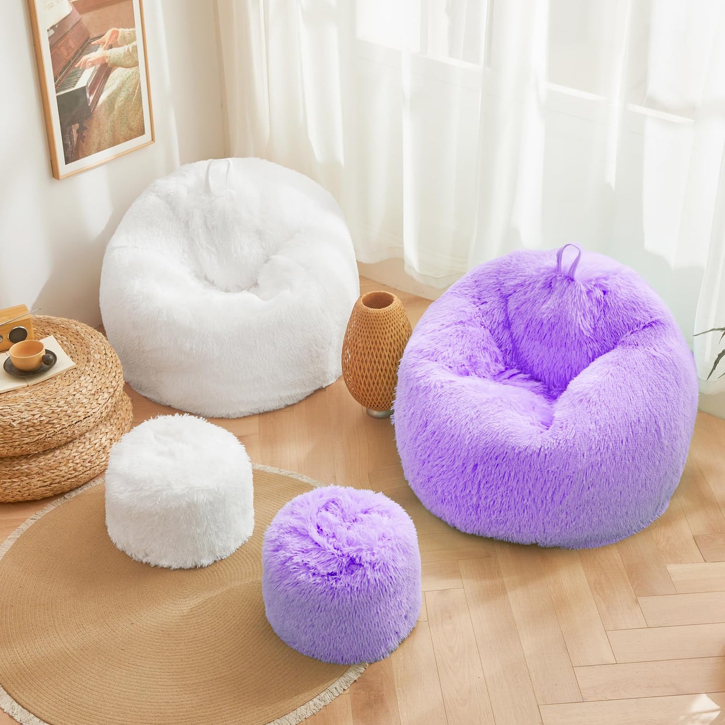 Lavender shaggy bean bag chair covers (No Filler), comfy Faux Fur Lavender bean bag chair Cover for bedroom, stuffed animal Storage, kids adults teens girls bean bag chairs, Anti-Slip