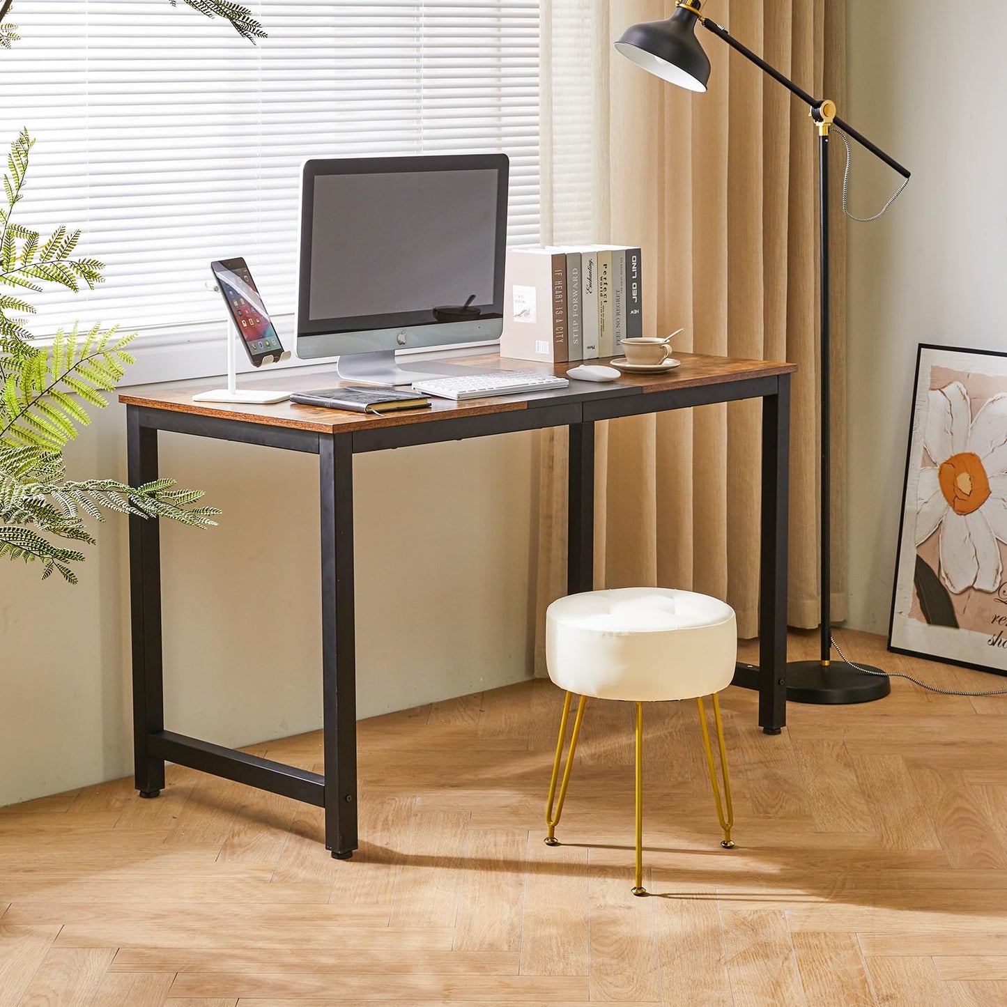 IBUYKE Faux Leather Round Footrest Stool, Makeup Vanity Stool Side Table, PU Dressing Table Seat, Pouf Couch Stool, Golden Steel Legs, White LG-31W