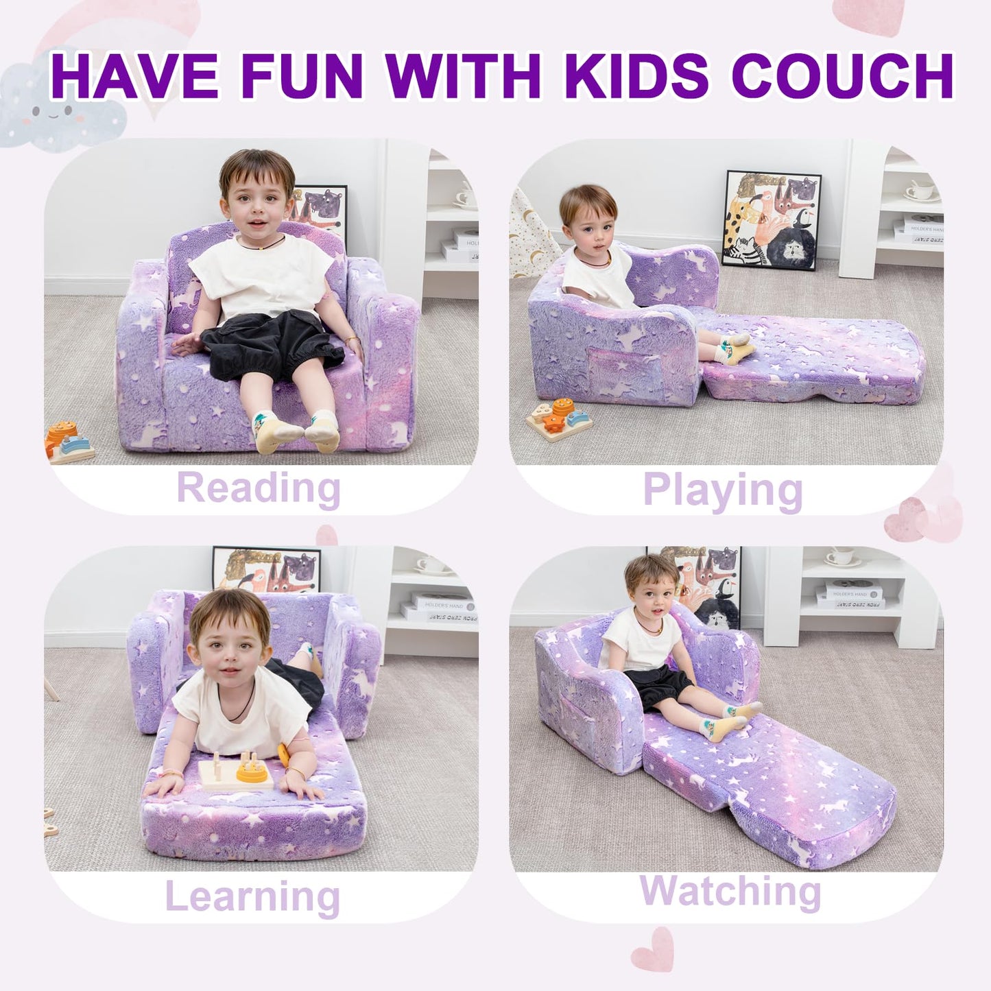 Airpanda Comfy Kids Chair and Couch with Blanket,2-in-1 Soft Fold Out Couch for Girls and Boys,Convertible Sofa Chair for Playroom,Purple Pony