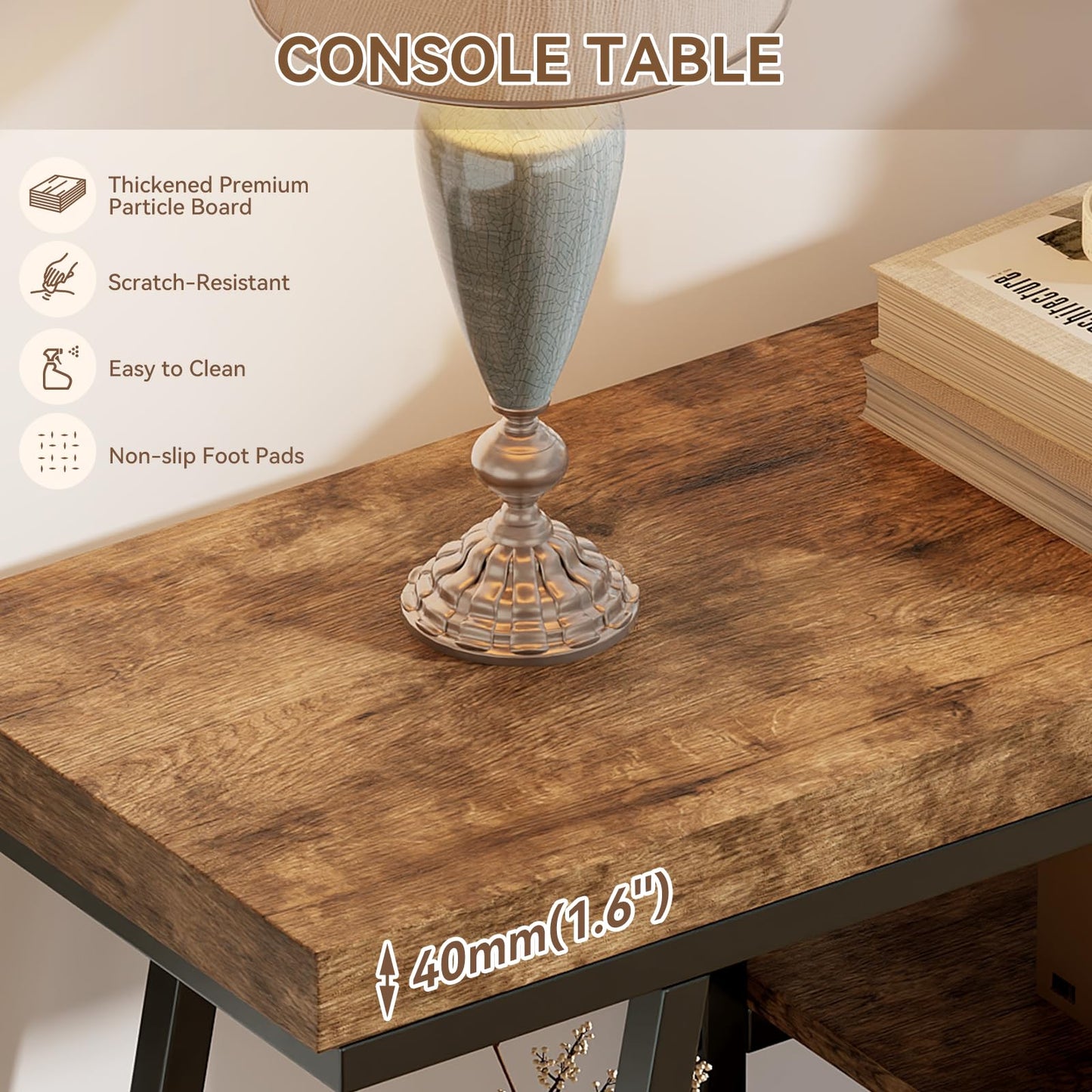 FJLHOHG 43.3" Console Table, Industrial 4-Tier Sofa Table Entryway Table with Arched Metal Frame, Storage Shelves, Narrow Wood Accent Tables with Small Spaces,Living Room,Hallway,Foyer, Rustic Brown