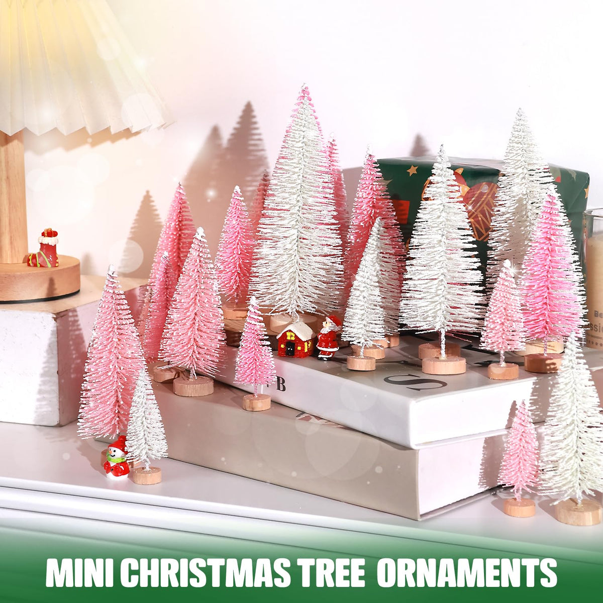 30Pcs Mini Christmas Trees Artificial Christmas Tree Bottle Brush Trees with Wooden Base for Christmas Decor Christmas Party Home Table Craft Decorations(Pink+White)