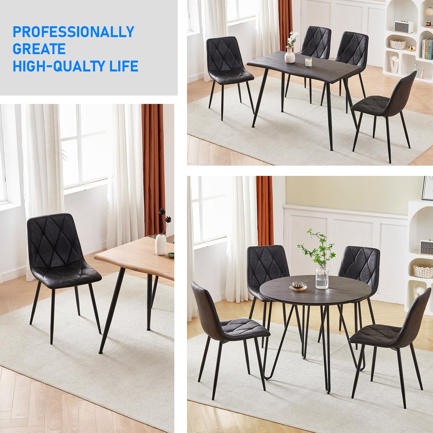 Btrpily 4 Set of Dining Chairs, Metal Frame Dining Chair for Kitchen Room,Technology Cloth Seat Chair for Living Room, Bedroom(Black)