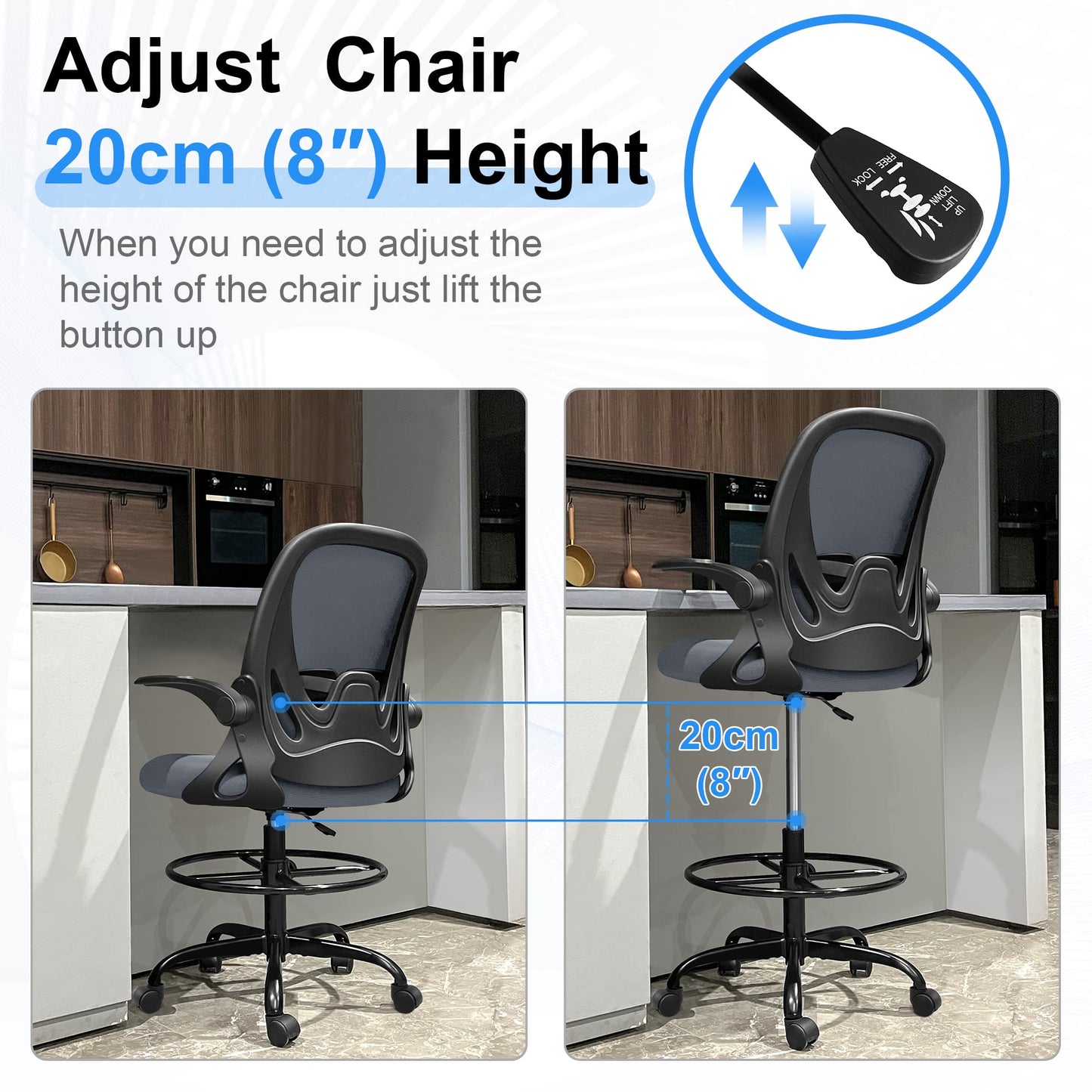 Primy Drafting Chair Tall Office Chair with Flip-up Armrests Executive Ergonomic Computer Standing Desk Chair with Lumbar Support and Adjustable Footrest Ring(Dark Gray)