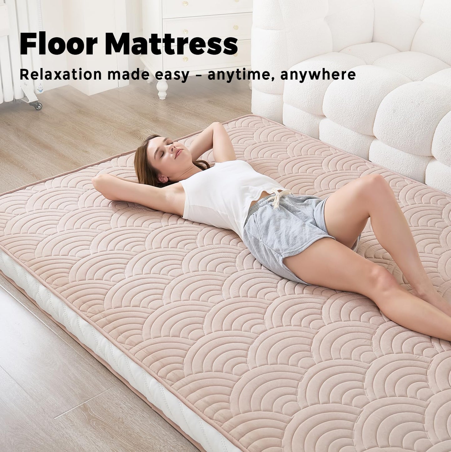 Zelladorra Japanese Floor Mattress, Quilted Futon Mattress with Anti-Slip Bottom, Foldable Floor Bed with Storage Bag and Straps, (Beige, Queen)