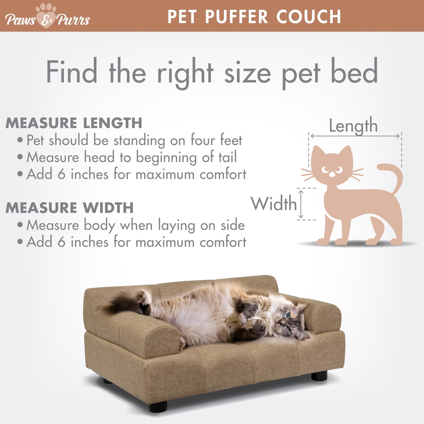 Paws & Purrs Puffer Pet Sofa Bed, Dog or Cat Couch with Tufted Cushion and Armrest, Stylish Indoor Pet Furniture, Sand