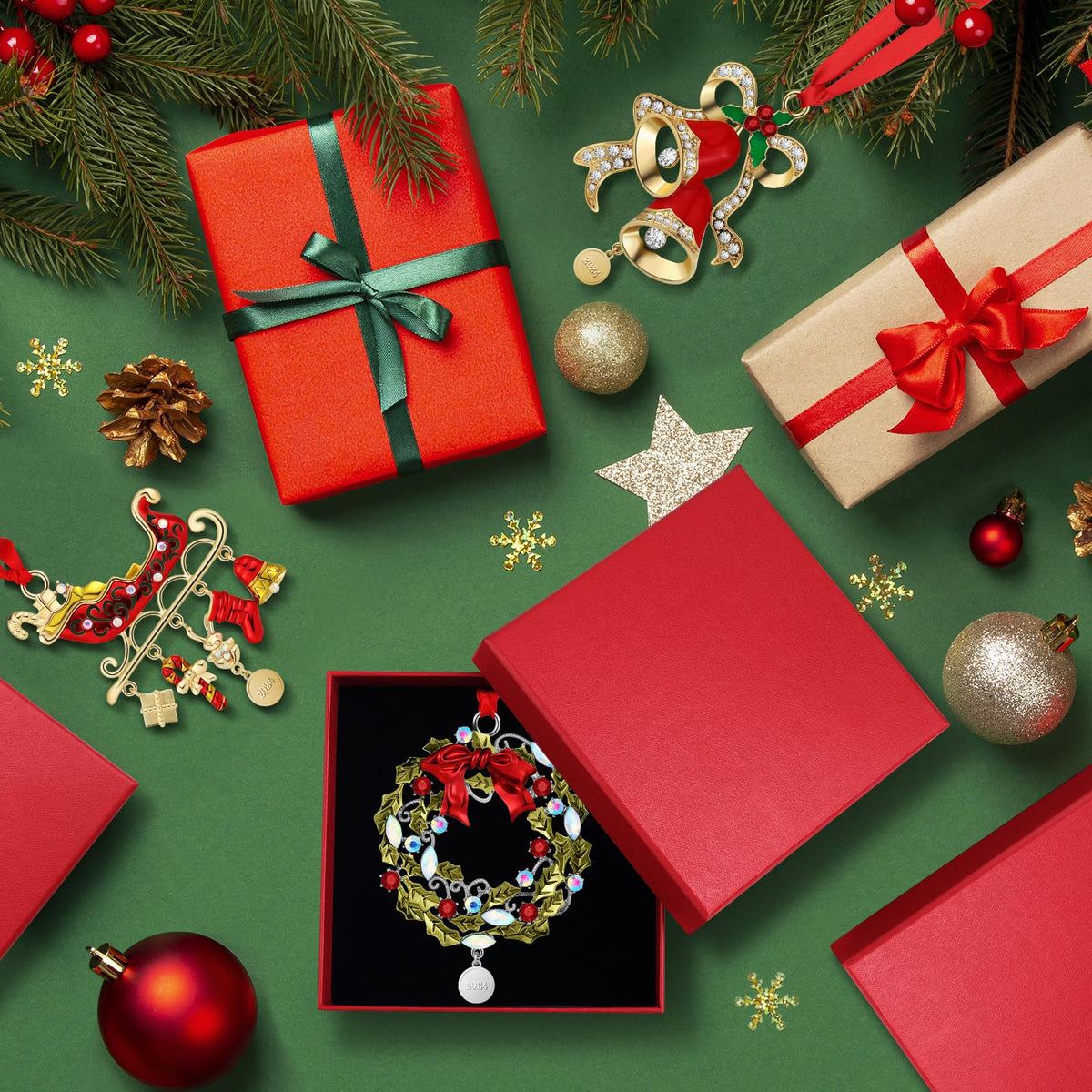 3 Pcs 2026 Christmas Crystals Hanging Ornaments Snowflake Snowman Holiday Ornament Shimmer Metal Bell Wreath on Ribbon with Gift Box for New Year Gift Xmas Tree Sun Catcher Home Hanging Decor(Holiday)