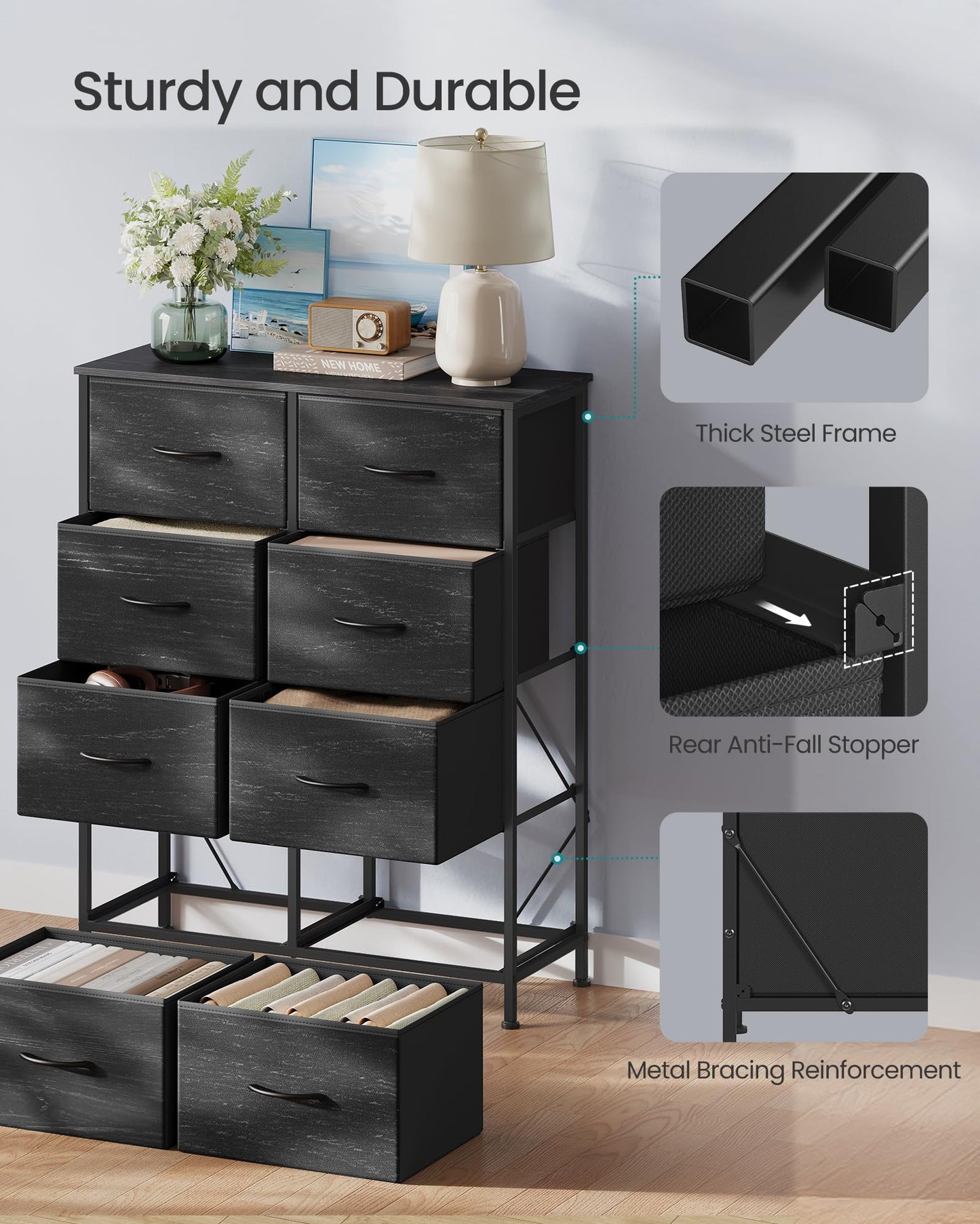 SONGMICS BELLAH Collection - Dresser for Bedroom, Chest of Drawers, Storage Organizer Unit, Closet, Entryway, Steel, 8 Drawers, Modern, Ebony Black ULGS124BE02S