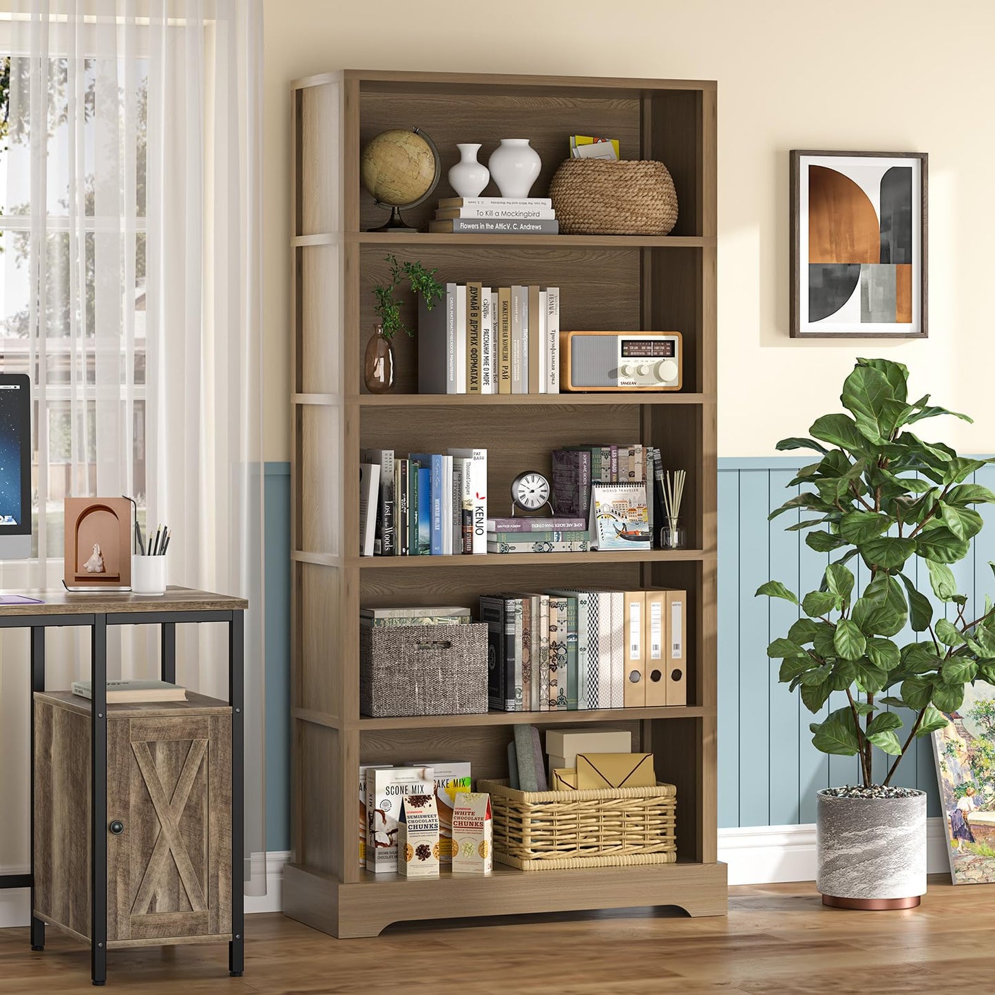 TVU 5-Tier Wooden Bookshelf, 65" Tall Farmhouse Style Open Bookcase, 31.5" W Standing Book Shelf with Storage, Suitable for Study, Living Room, Office, Teak