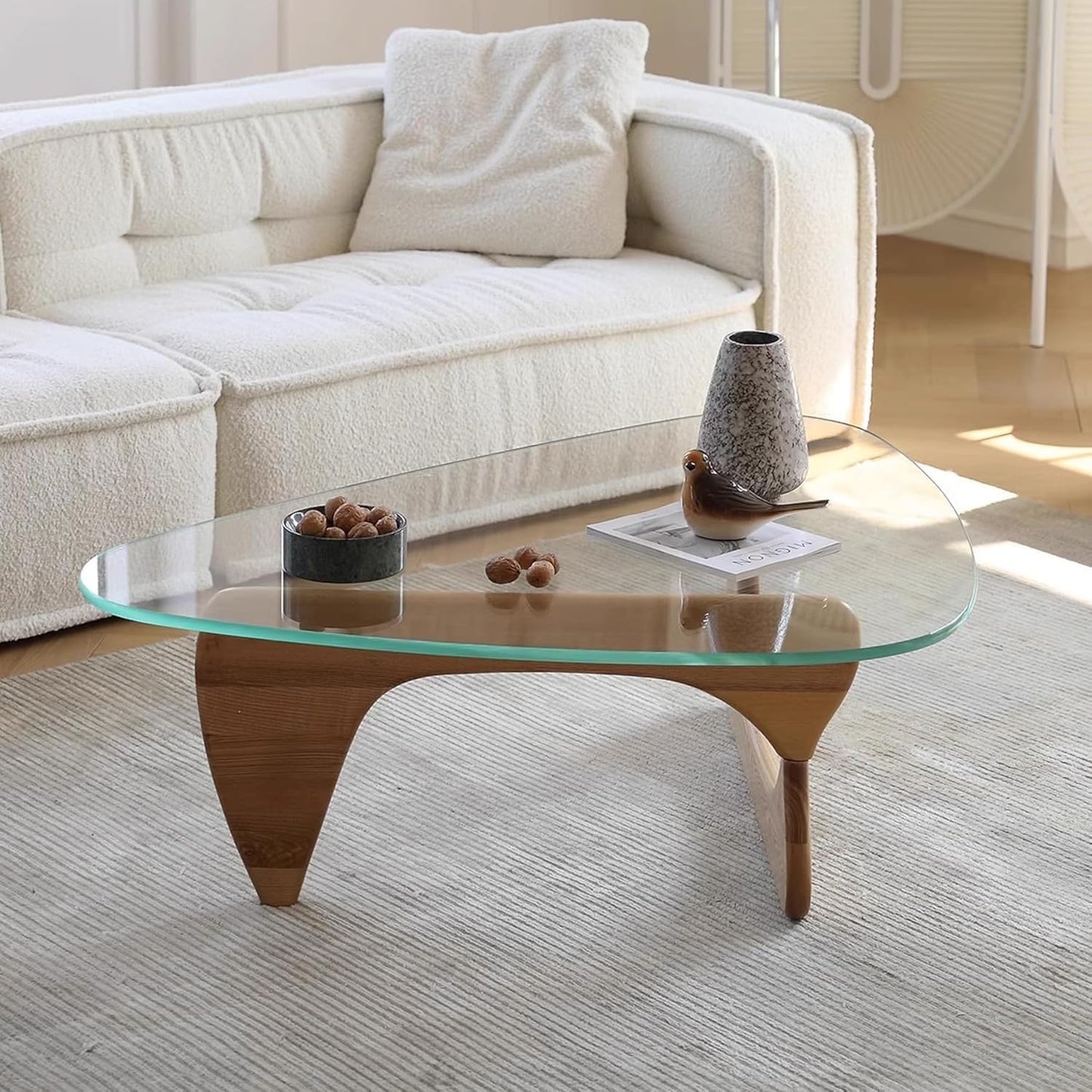 Modern Glass Coffee Table, 45in Large Mid Century Coffee Table, Unique Wooden Triangle Center Tables with Wood Legs, for Bedroom Living Room Reception Office(Walnut Transparent, 45in) 1