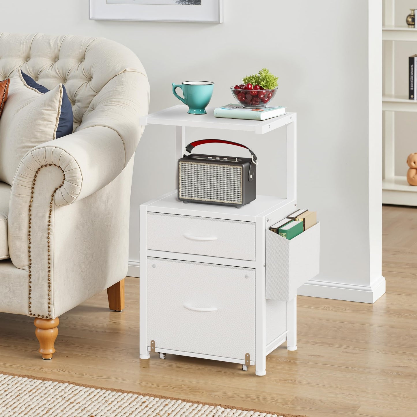 HIGDBFE File Cabinet with 2-Tier Shelf, Letter Size Drawer Filing Cabinet with Reversible Side Bag, Vertical Office Cabinet Printer Stand with Storage for Home Office, White, 16.5" W