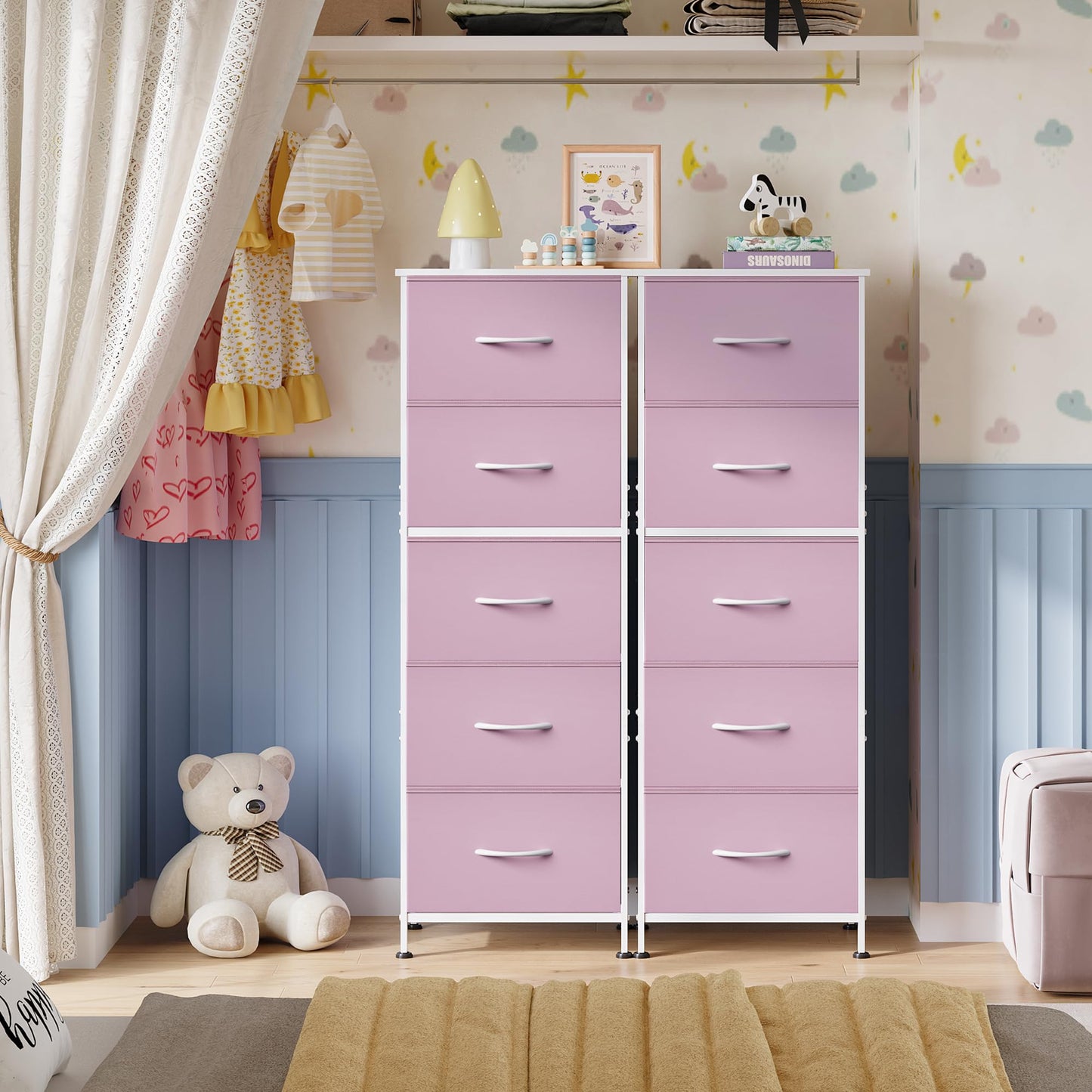 WLIVE Fabric Dresser for Bedroom, 5-Drawer Tall Dressers, Storage Organizer with Fabric Bins, Wood Top, Sturdy Steel Frame, Chest of Drawers for Closet, Hallway, Cloudy Pink