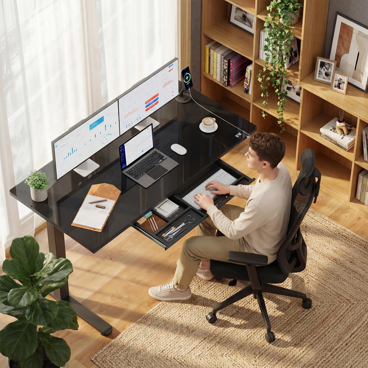 Furmax Glass Standing Desk with Drawers, Electric Adjustable Home Office Sit Stand Desk with One-Piece Desktop & USB Charging Port for Computer Desks (Black Glass, 48 Inch)
