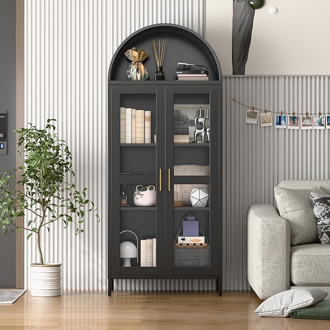 73" Black Metal Arched Display Cabinet