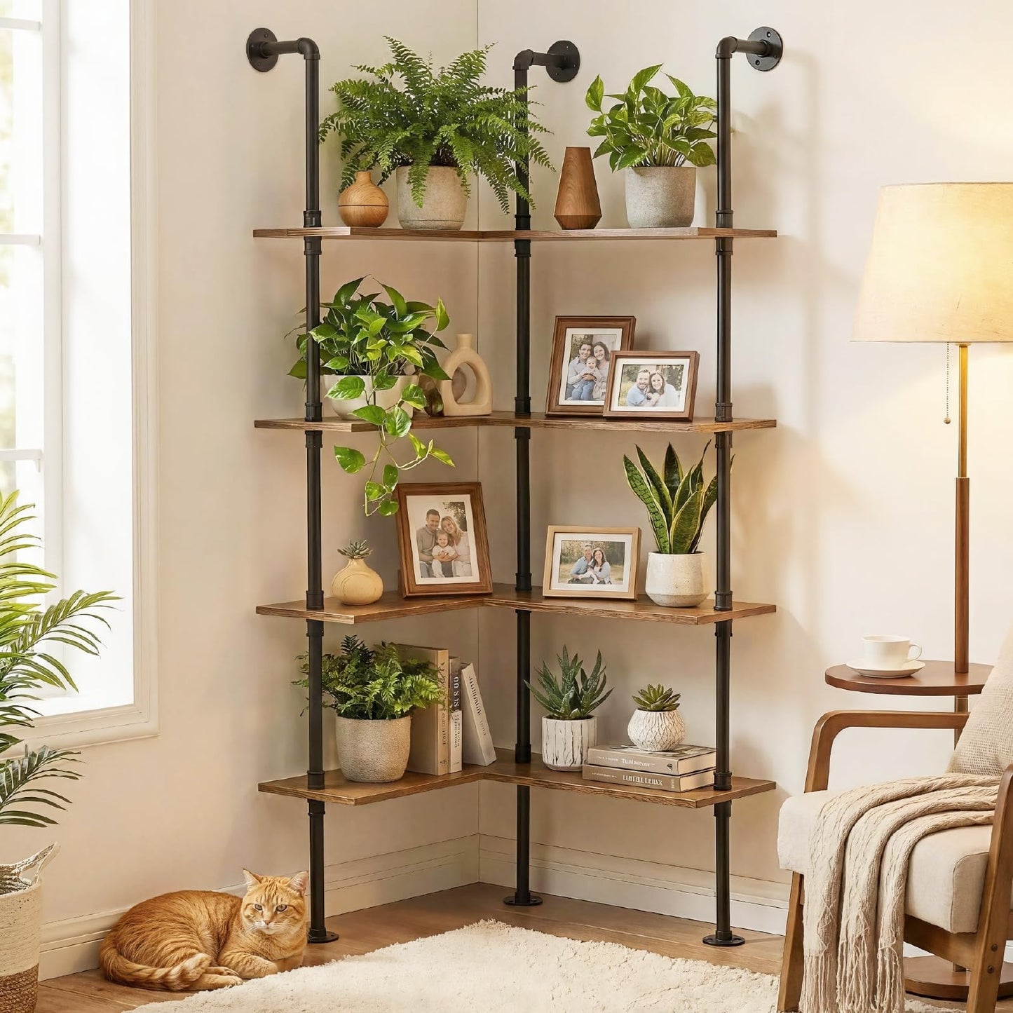 DOFURNILIM Industrial Pipe Corner Bookshelf, Wall Wooden Bookcase with Open Shelves, L Shaped Ladder Pipe Pantry Shelving for Living Room, Bedroom, Home, Office, 4 Tiers