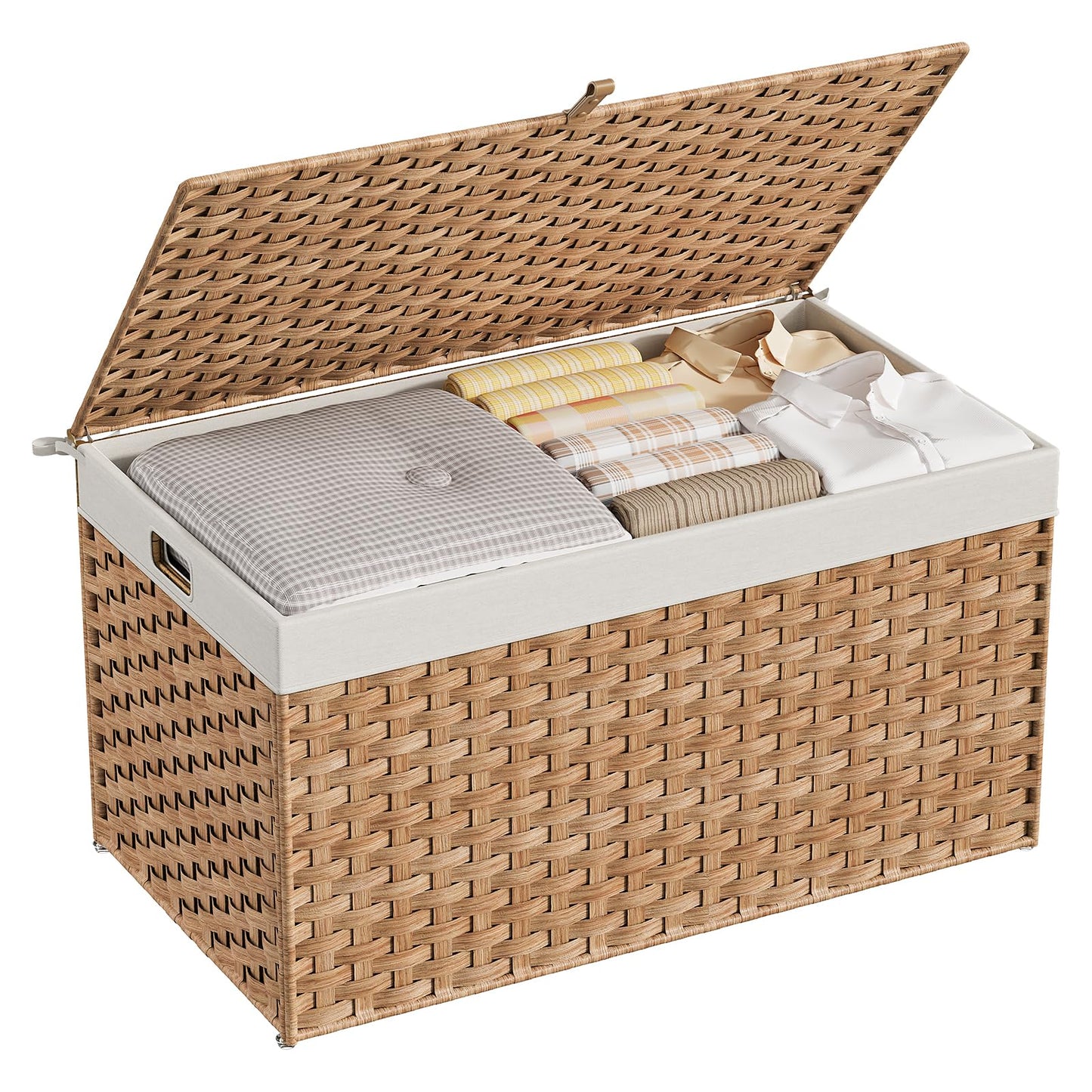 HOOBRO Storage Basket with Lid, 42.3 Gallon (160L) Wicker Basket, Handwoven Blanket Storage Basket with Handles, Metal Frame and Soft Lining, Foldable for Bedroom, Laundry Room, Natural NL216CW01