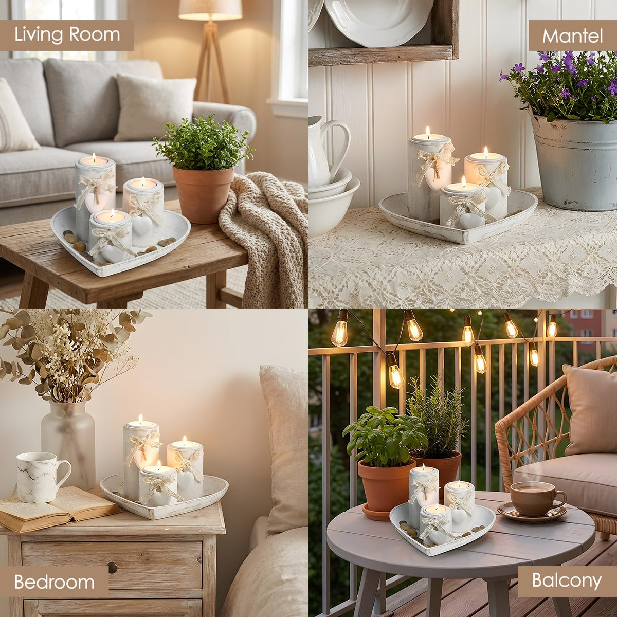 Teeloray Farmhouse Candle Holders 3 Pack Rustic Wooden Pillar Candle Holder with Heart Tray and Stones Tealight Candles Holders Centerpiece for Wedding Coffee Table Mothers Day Valentines Home Decor