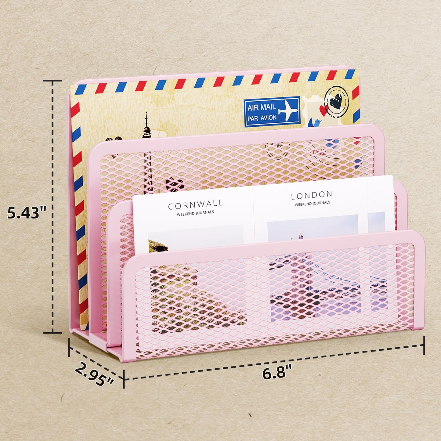 Marbrasse Mail Organizer for Desk, 3-Slot Mesh Metal Mail Holder countertop, Letter Holder, Office Desktop Envelope and Document Storage Rack (Pink)