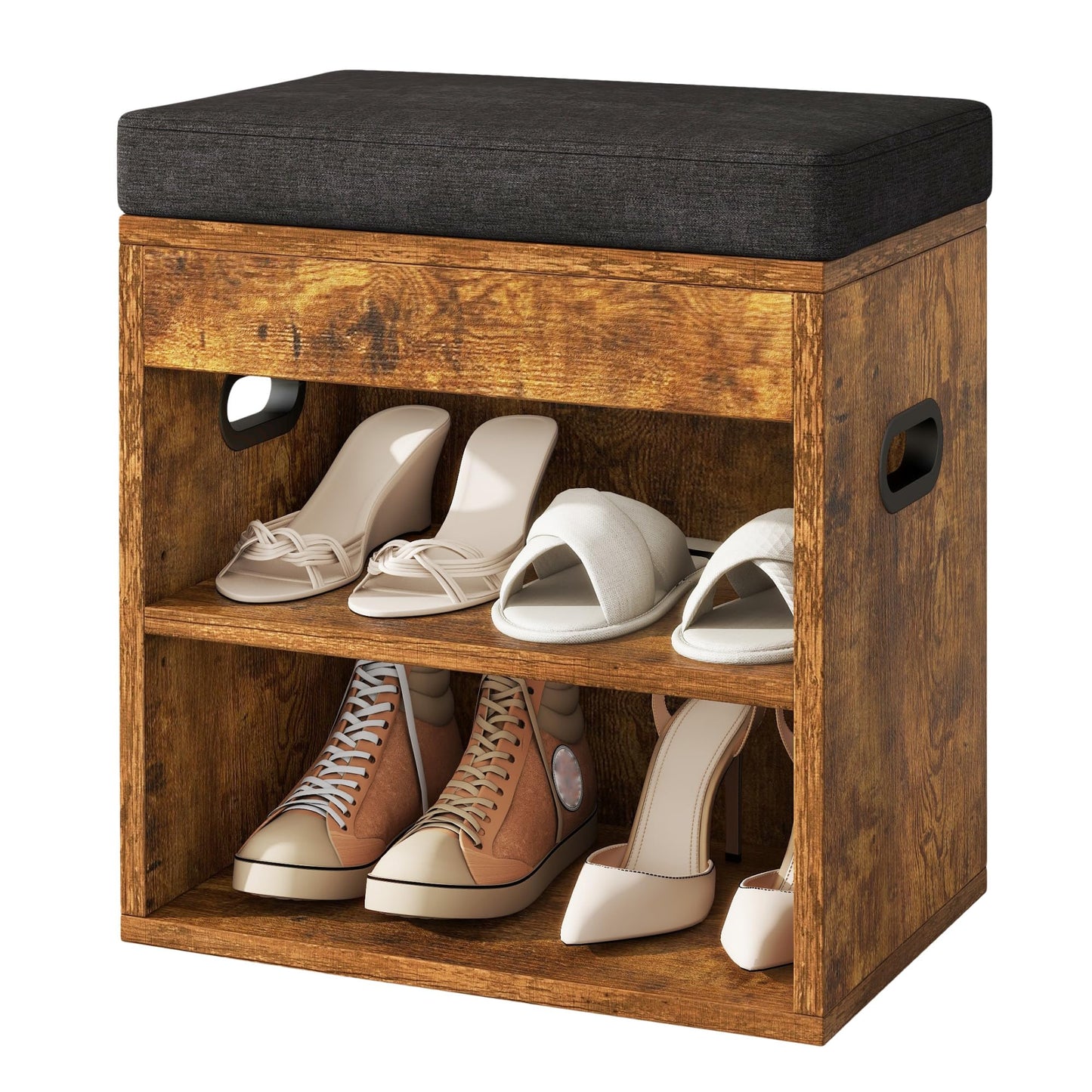 YMYNY Small Shoe Storage Bench with Cushion and Drawer, 2 Tier Adjustable Entryway Bench with Storage, Wooden Shoe Rack Bench for Entryway, Living Room, Hallway, Closet, Bedroom, Rustic Brown, HSC002H