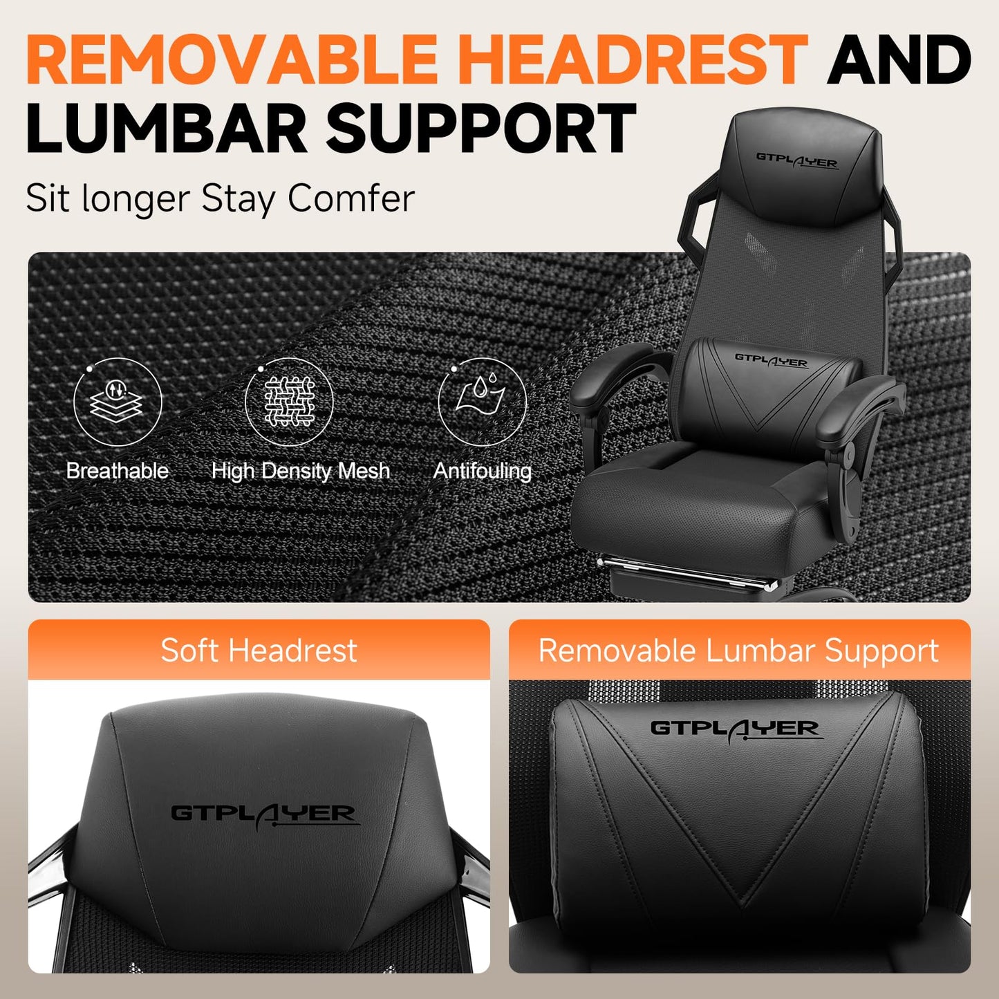 GTPLAYER Computer Chair with Adjustable Footrest, Ergonomic Gaming Chair with Headrest and Lumbar Support, Breathable Mesh Office Chair for Adults, High Back Reclining Desk Chair for Gaming and Office