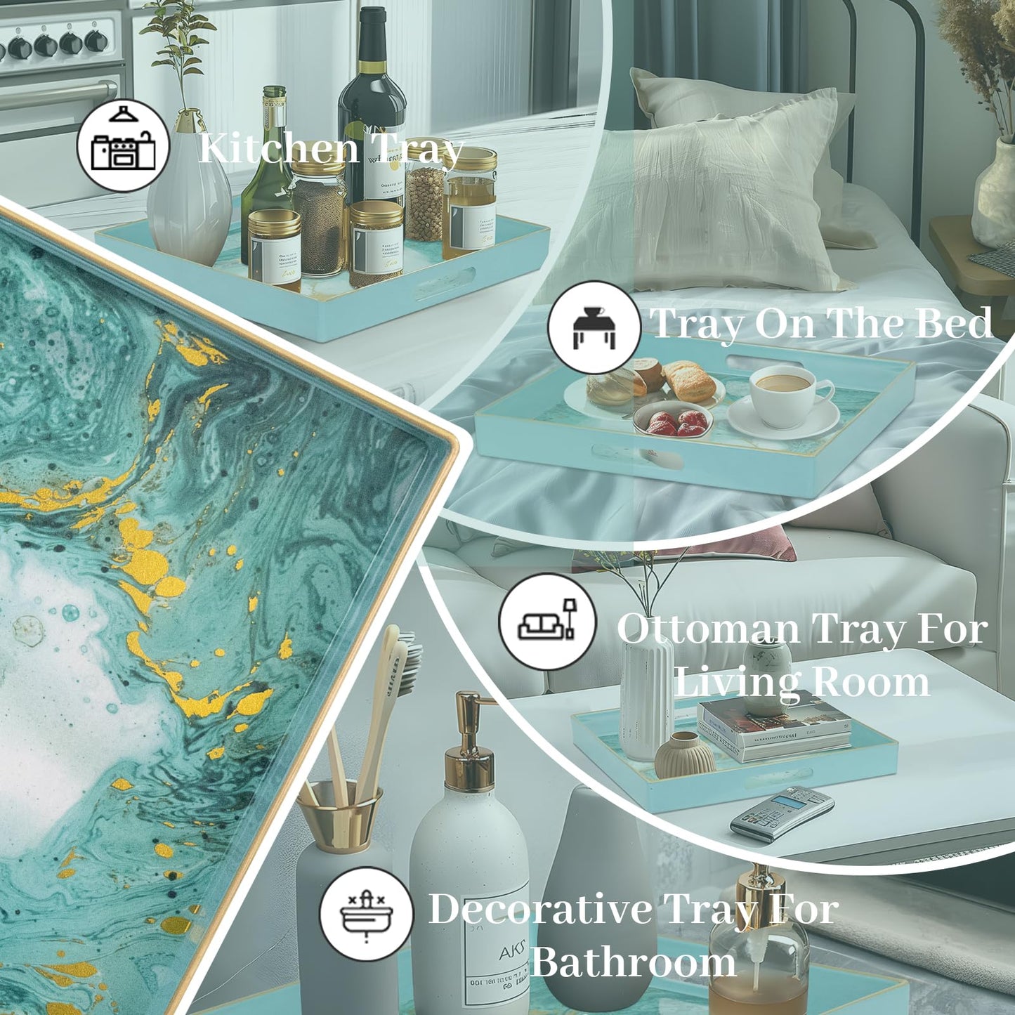 MAONAME Turquoise Square Decorative Tray for Coffee Table, Marbling Serving Tray with Handles, Modern 13" Plastic Trays for Ottoman, Bathroom, Storage