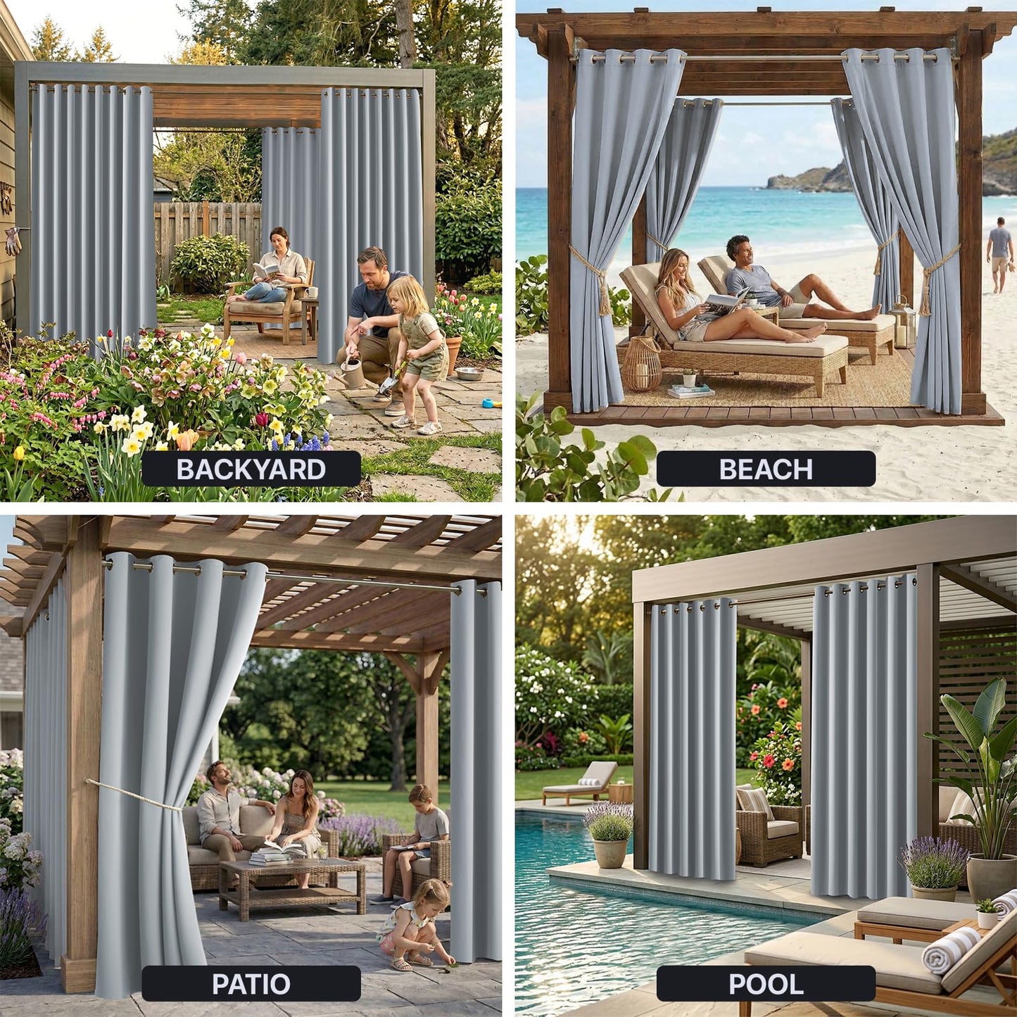 DIVA EN CAMINO DEC Outdoor Patio Curtain Waterproof Darkening Thermal Insulated Indoor Curtains for Bedroom, Porch, Living Room, Pergola, Cabana, W84 x L95, Light Gray, Set of 2 Panels