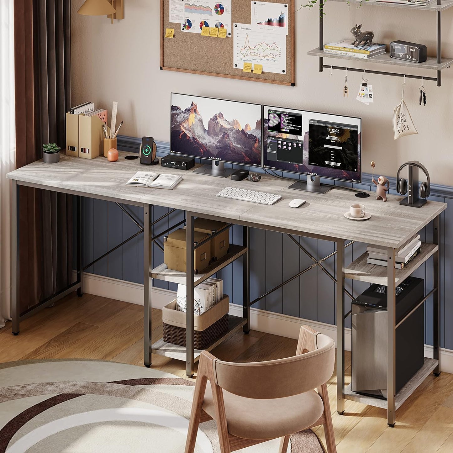 Bestier L Shaped Desk with Shelves 75 Inch Reversible Corner Computer Desk or 2 Person Long Table, Writing Study Desk for Home Office Small Space Bedroom Apartment, Wash White