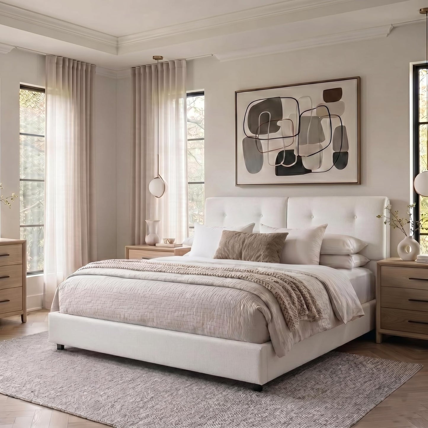IMMERSTABLE Bed Frame Queen Size, Boucle Upholstered Bed Frame with Headboard, Removable and Washable, No Box Spring Needed, Wood Slat Support,Easy Assembly, White